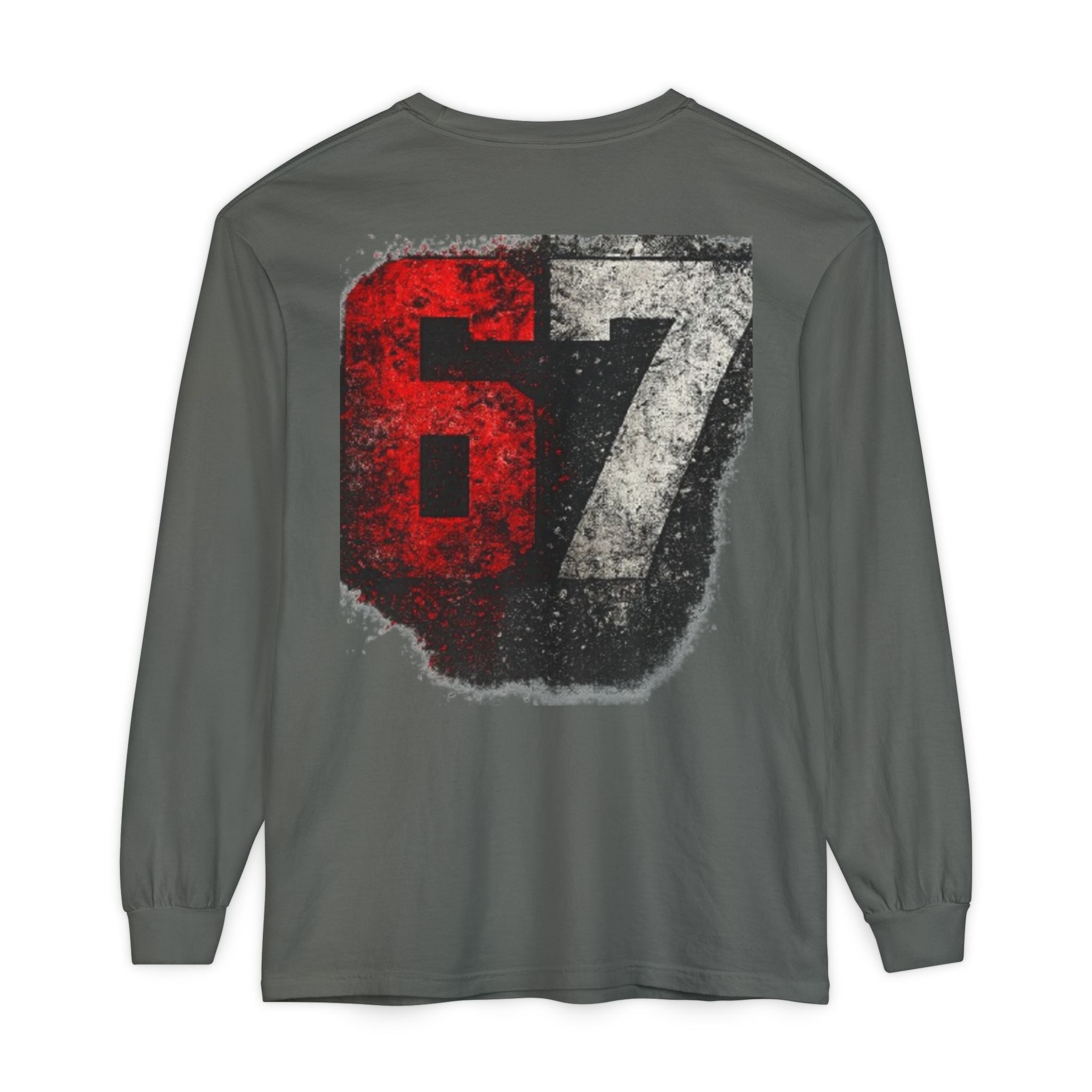67 Graphic Long Sleeve T-Shirt — Distressed Red & Black Number Backprint