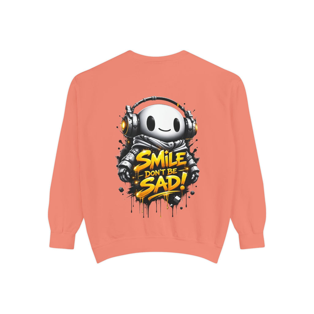 Smile Don't Be Sad Sweatshirt — Cute Headphone Character Graphic Crewneck
