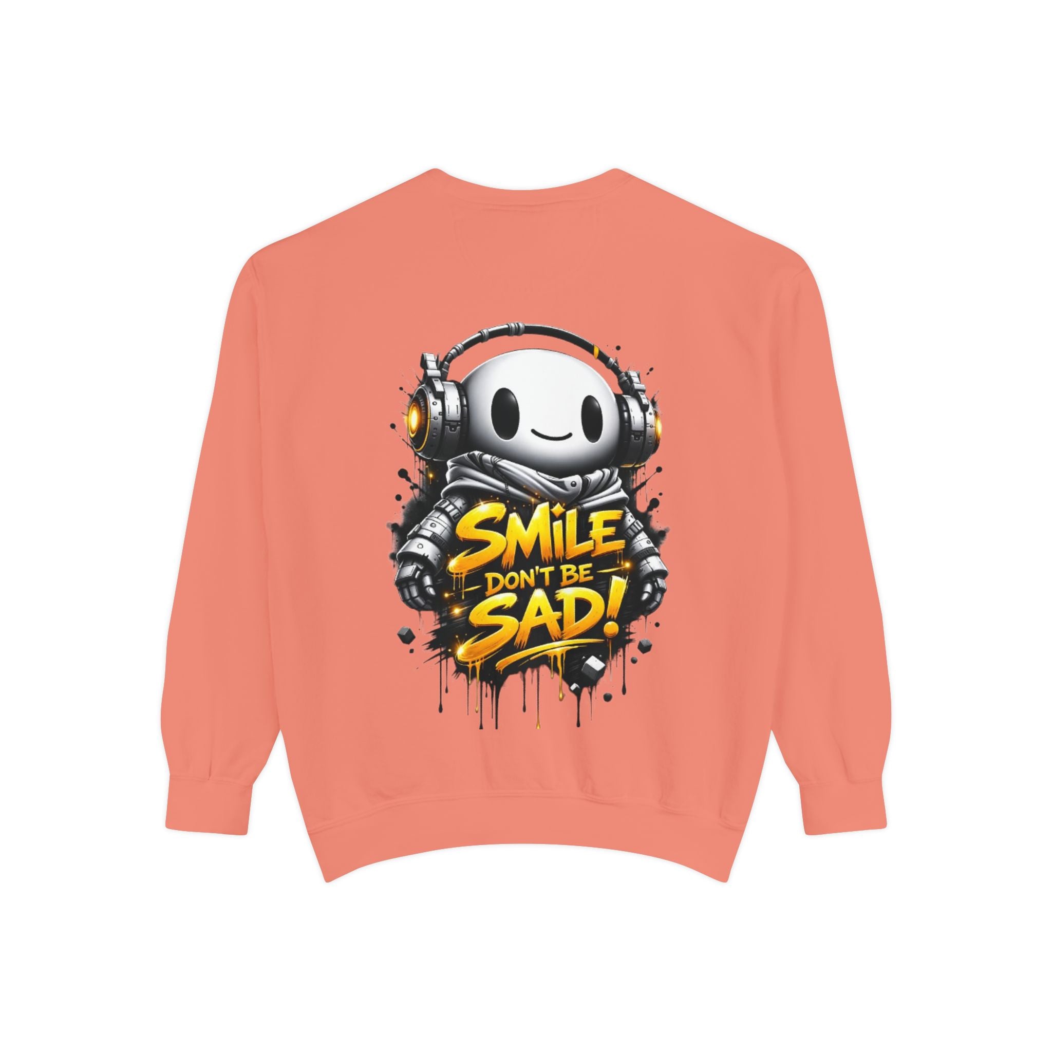 Smile Don't Be Sad Sweatshirt — Cute Headphone Character Graphic Crewneck