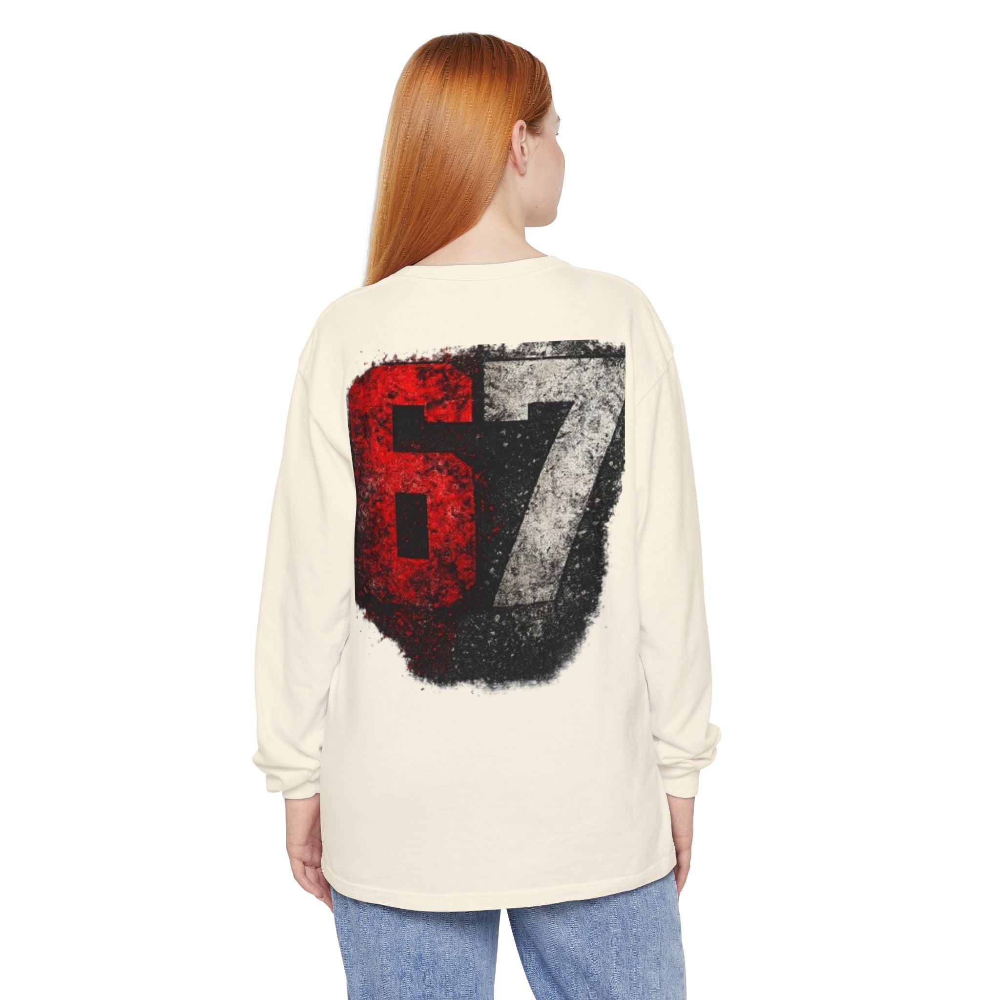 67 Graphic Long Sleeve T-Shirt — Distressed Red & Black Number Backprint