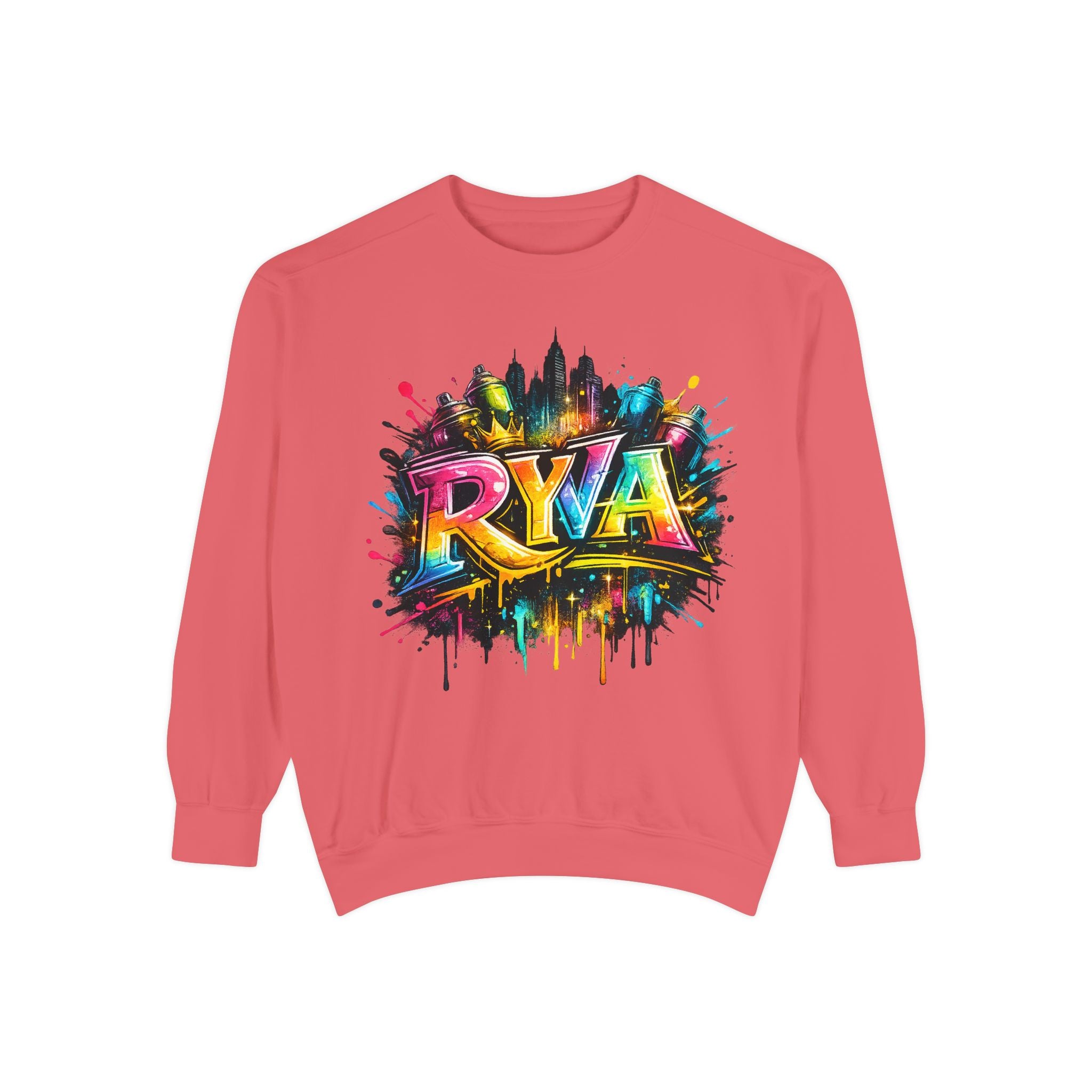 Graffiti Skyline Sweatshirt — Colorful "RYA" Urban Streetwear Crewneck