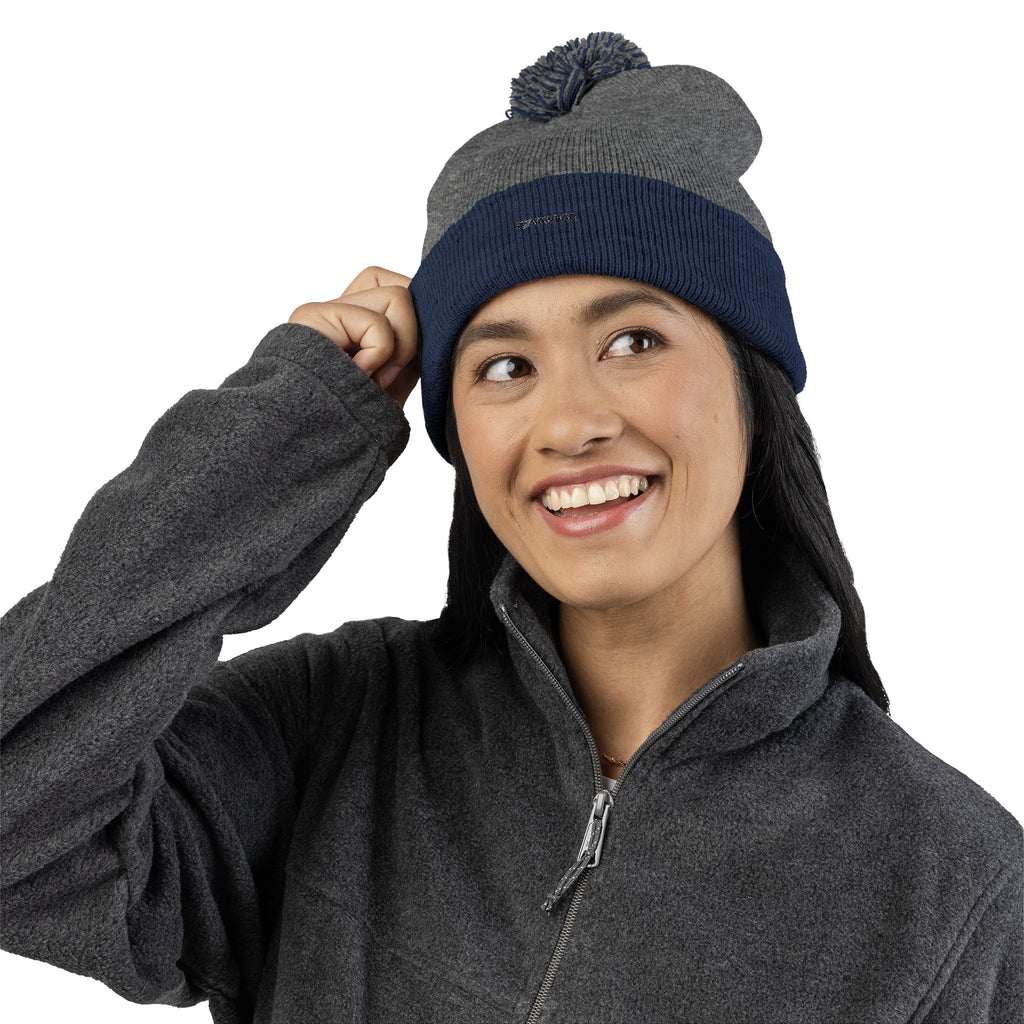 Embroidered Pom-Pom Knit Cap — Cozy Winter Beanie with Fold-Over Cuff