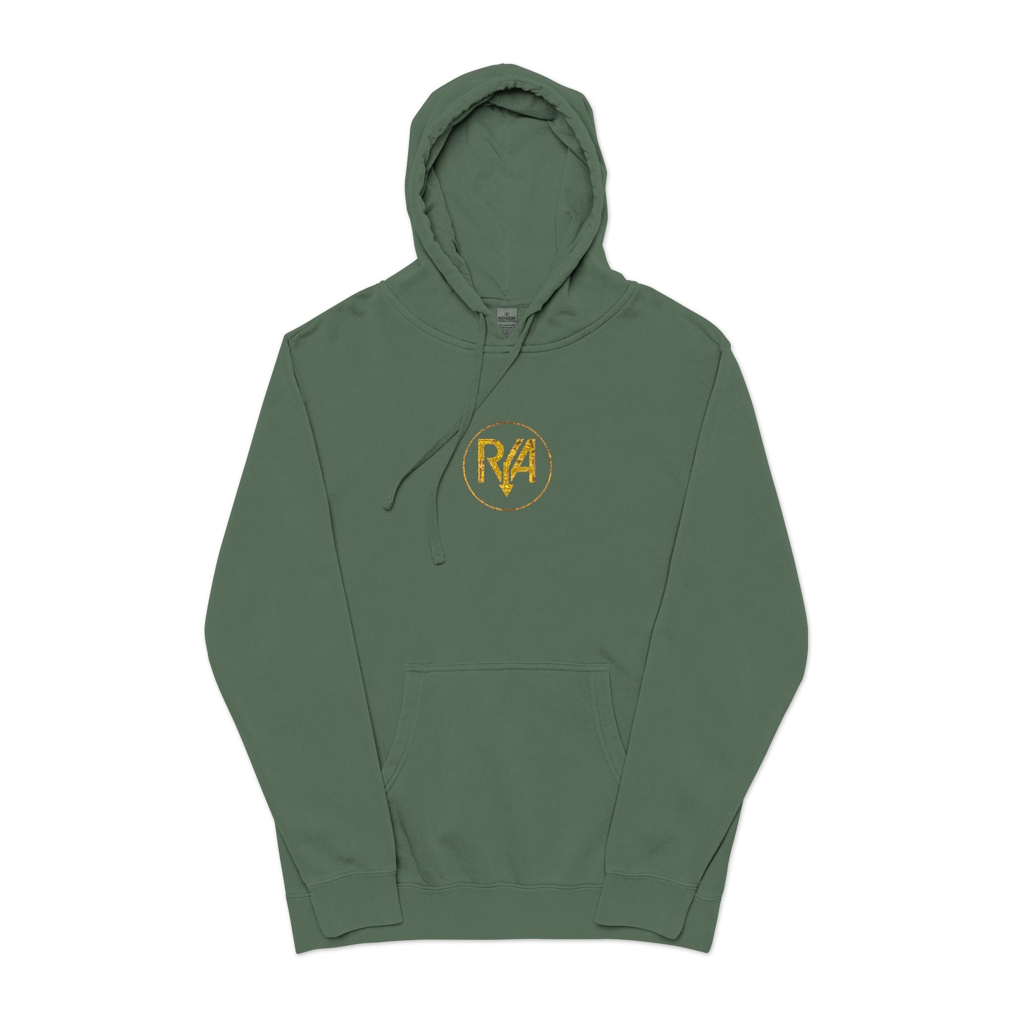 Pigment-Dyed Hoodie — Distressed Gold 'R4' Logo, Vintage Green
