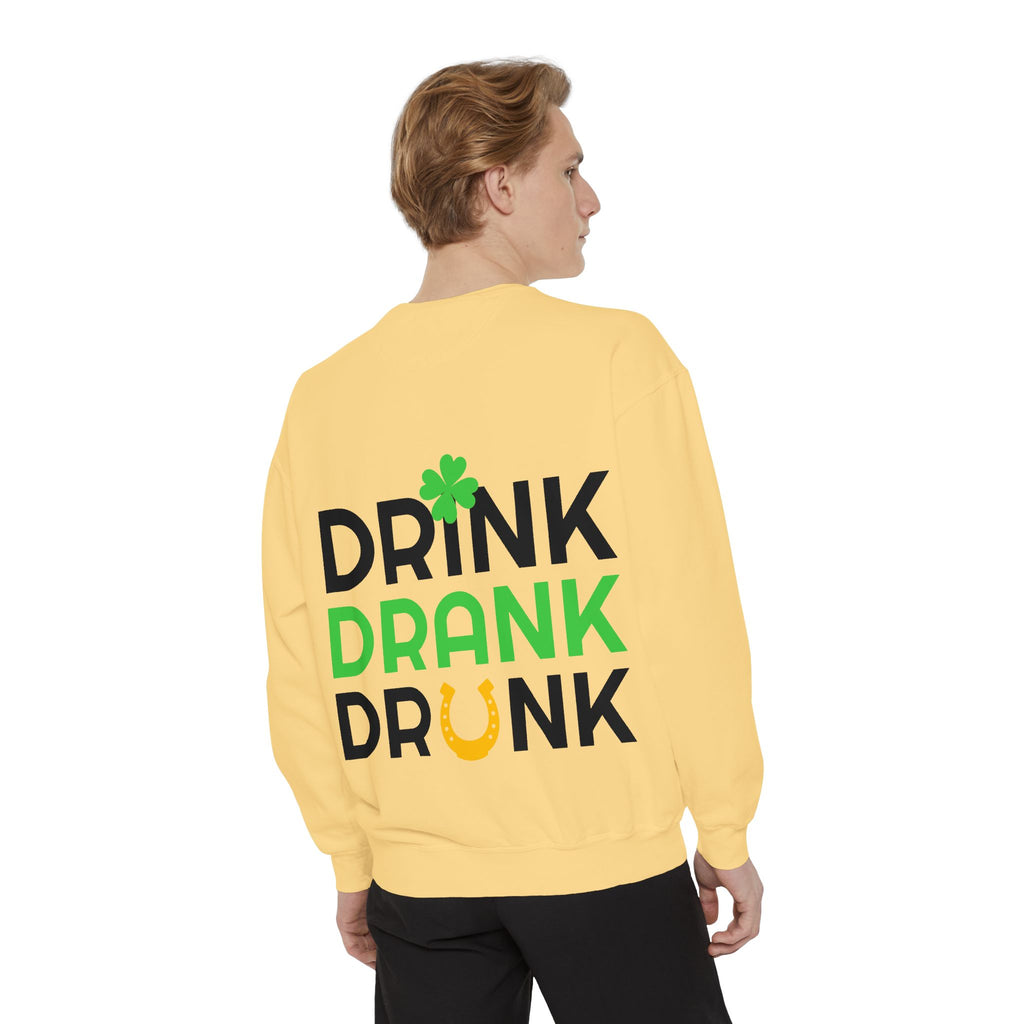 Drink Drank Drunk Sweatshirt — St. Patrick’s Day Shamrock & Horseshoe Crewneck