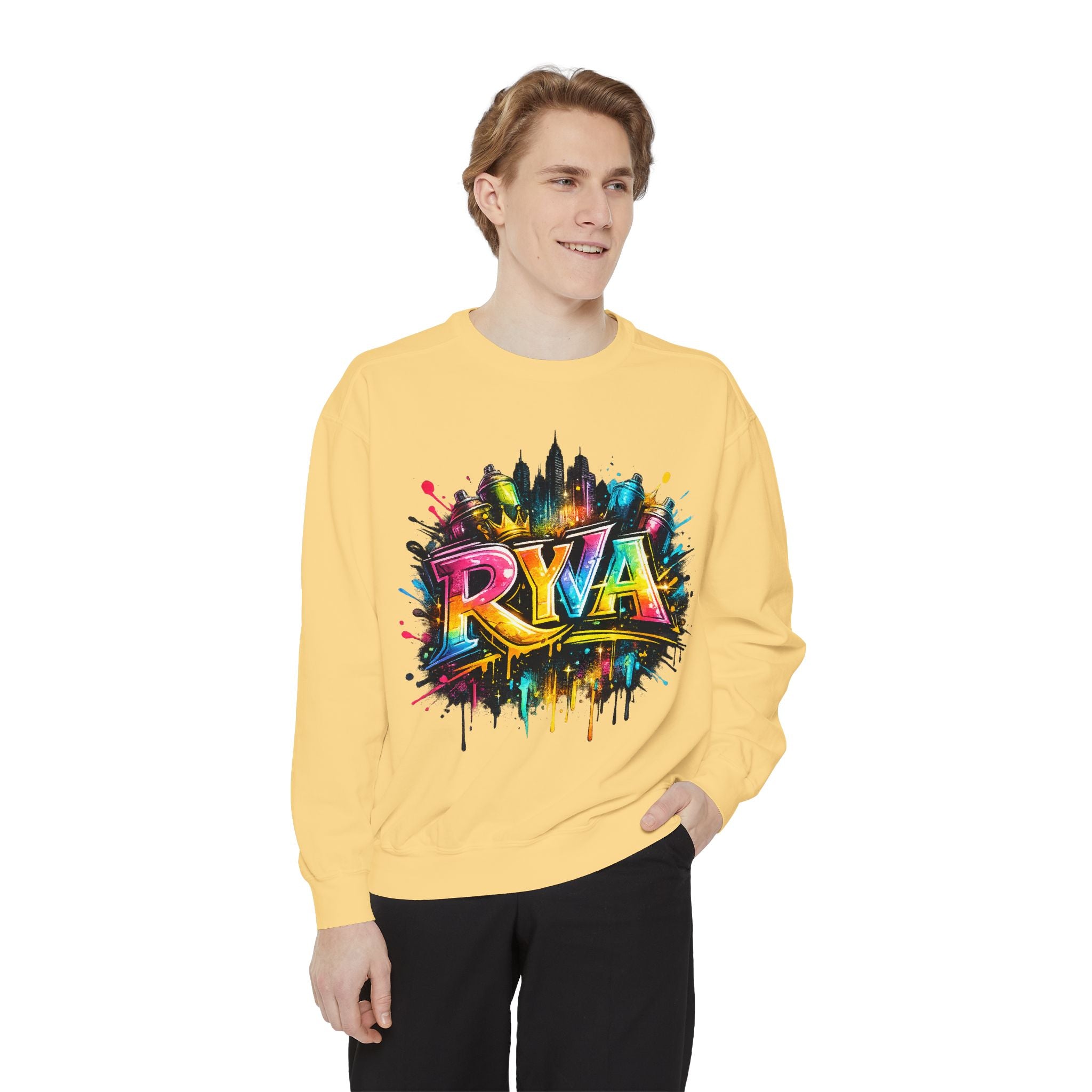 Graffiti Skyline Sweatshirt — Colorful "RYA" Urban Streetwear Crewneck
