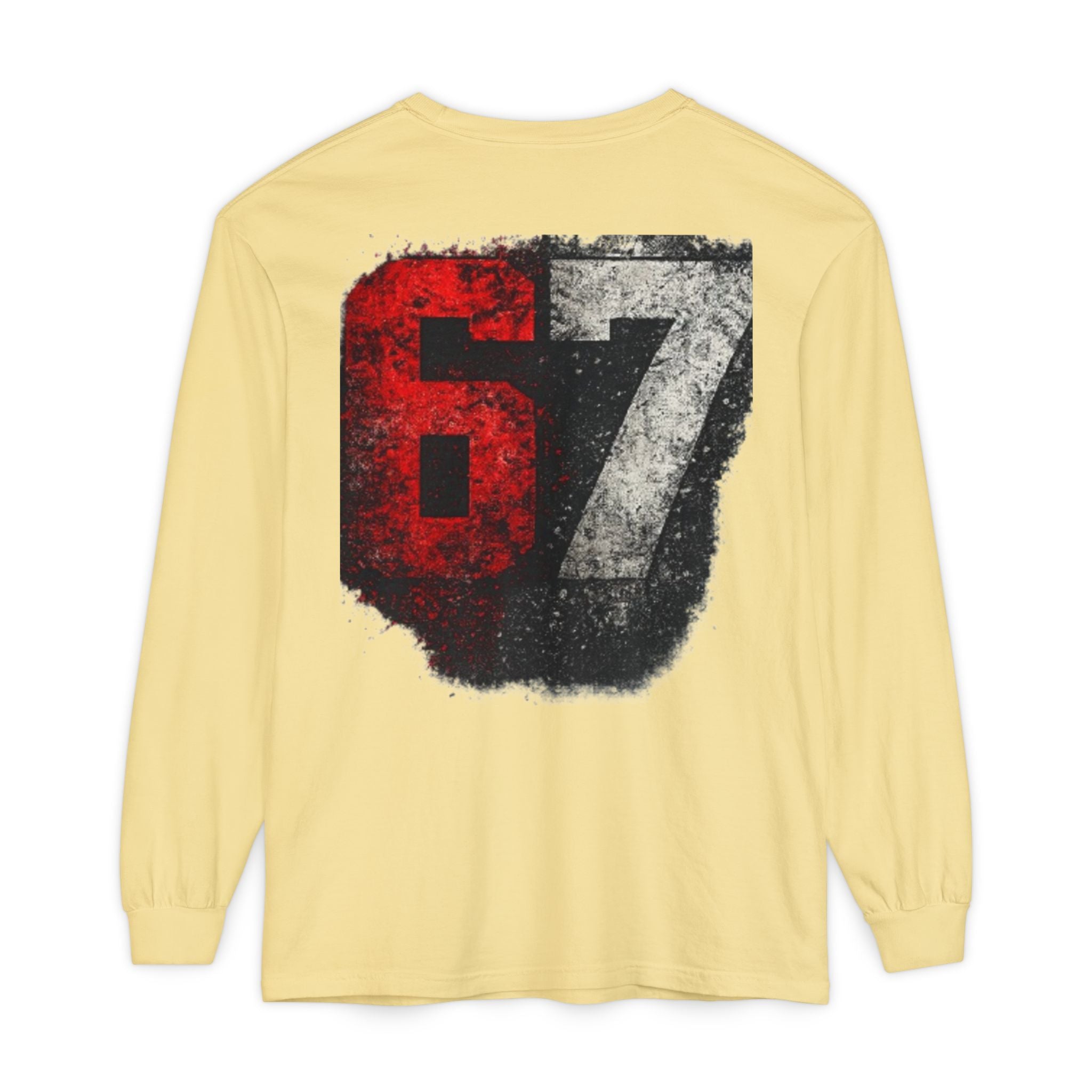 67 Graphic Long Sleeve T-Shirt — Distressed Red & Black Number Backprint