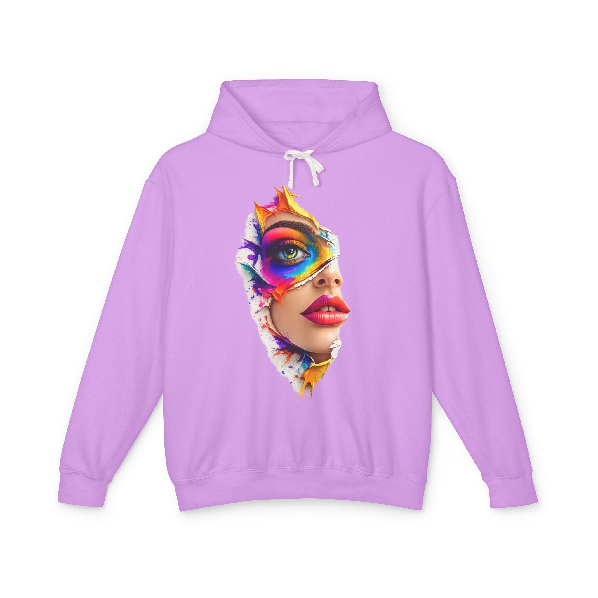 Colorful Masked Woman Art Hoodie — Vibrant Abstract Face Print