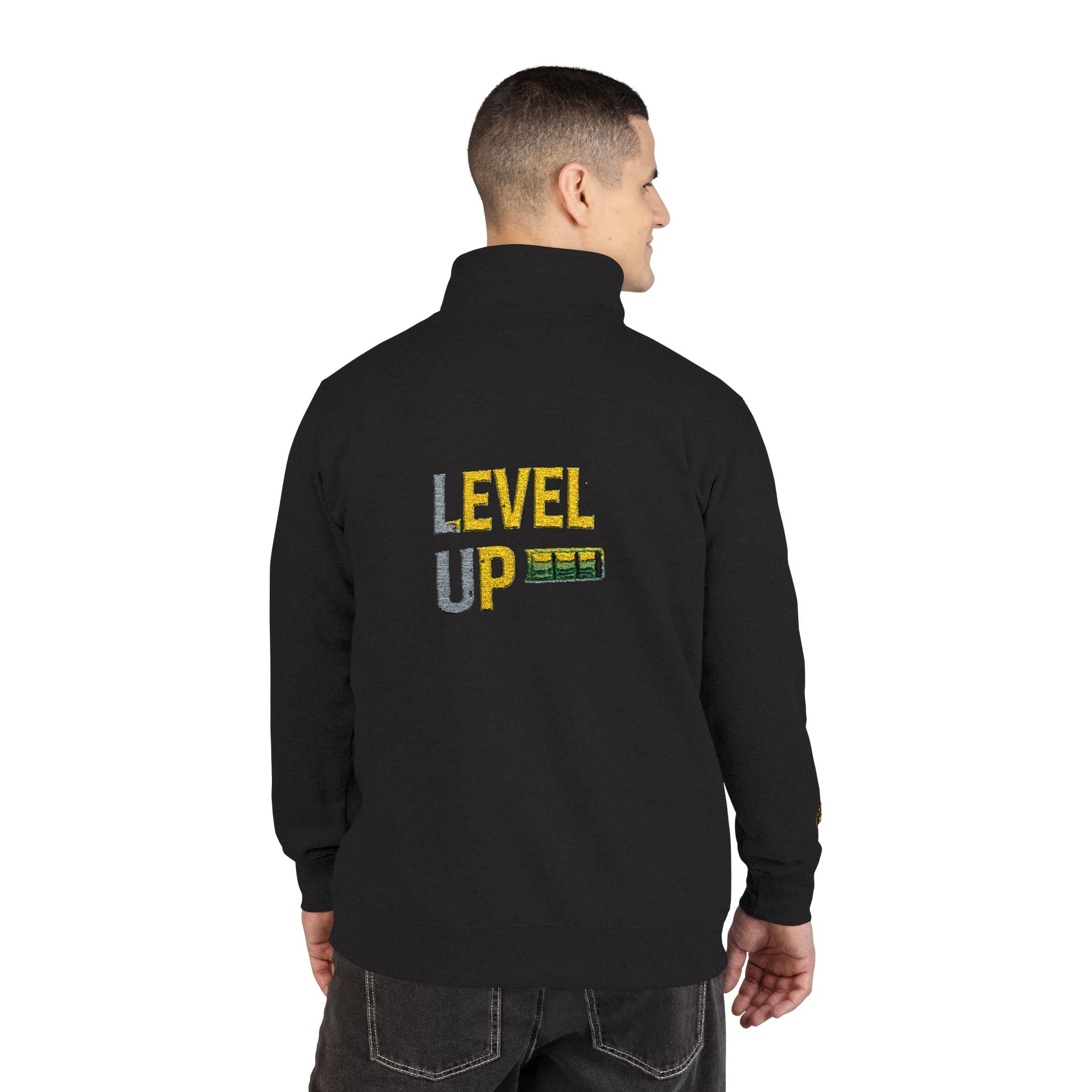 Embroidered "Level Up" Fleece Pullover — Quarter-Zip Casual Sweatshirt