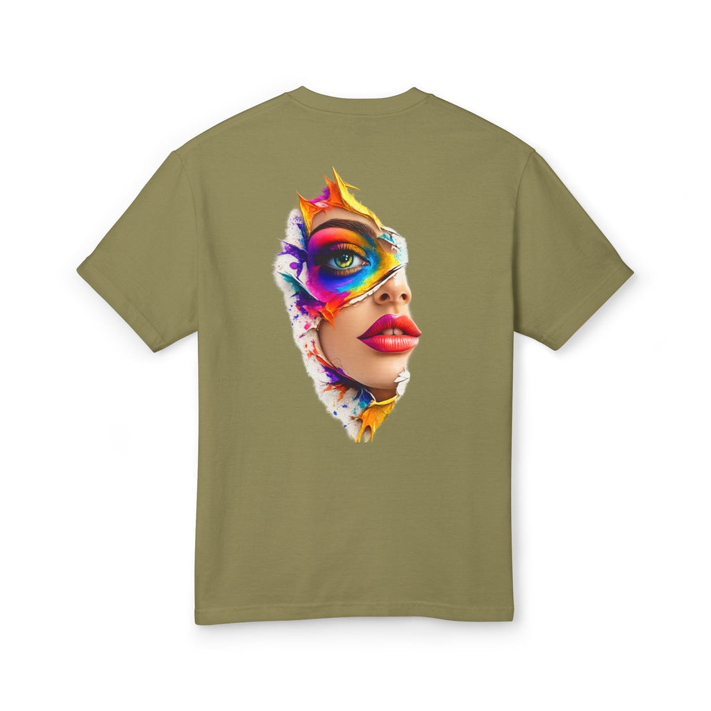Artistic Masked Face Graphic Tee — Colorful Women's Portrait T-Shirt