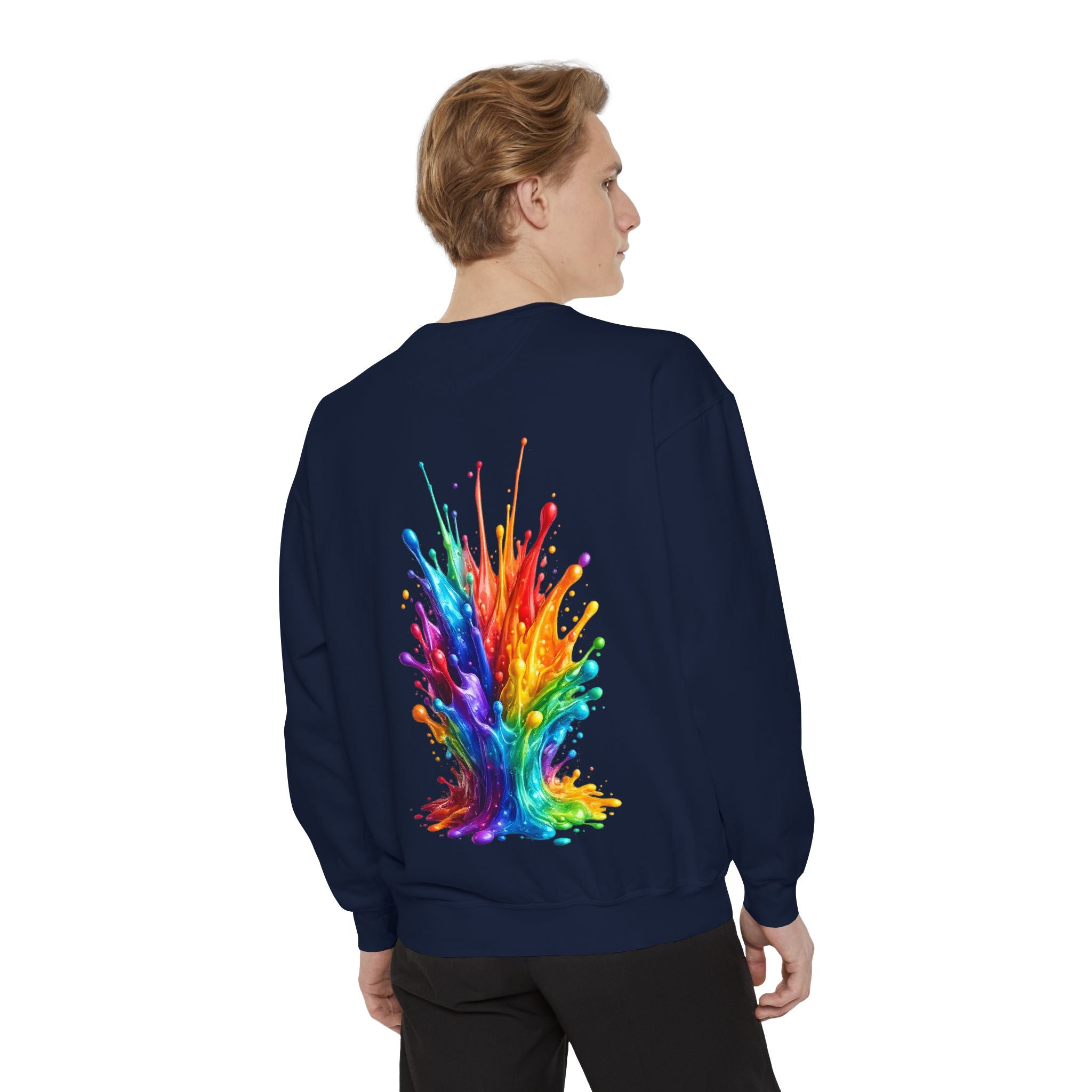 Rainbow Paint Splash Sweatshirt — Colorful Back Graphic Crewneck