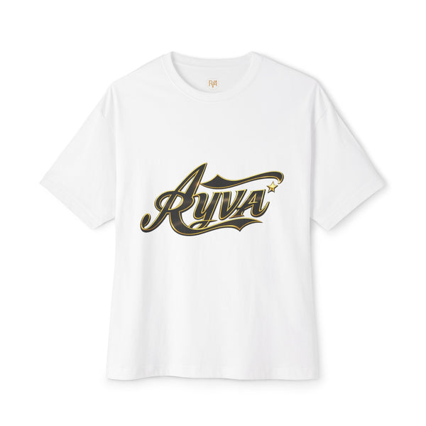 Ayva Script Logo Tee — Oversized Boxy White T‑Shirt with Gold Accent