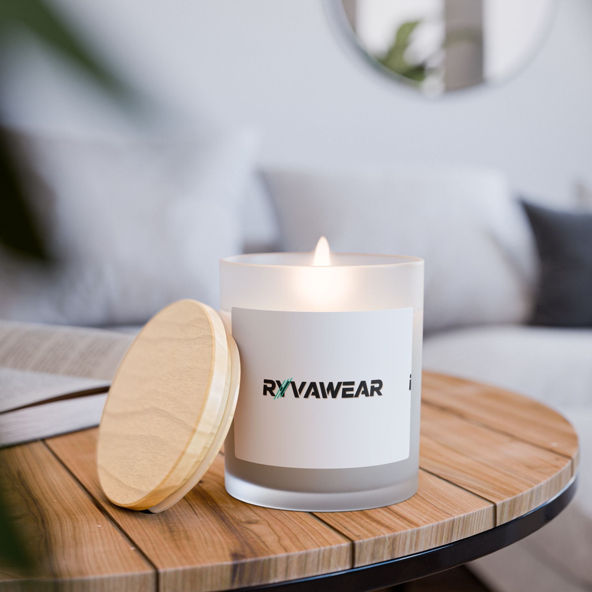 Frosted Glass Candle — Ryvawear Logo Soy Candle, 11 oz Wooden Lid