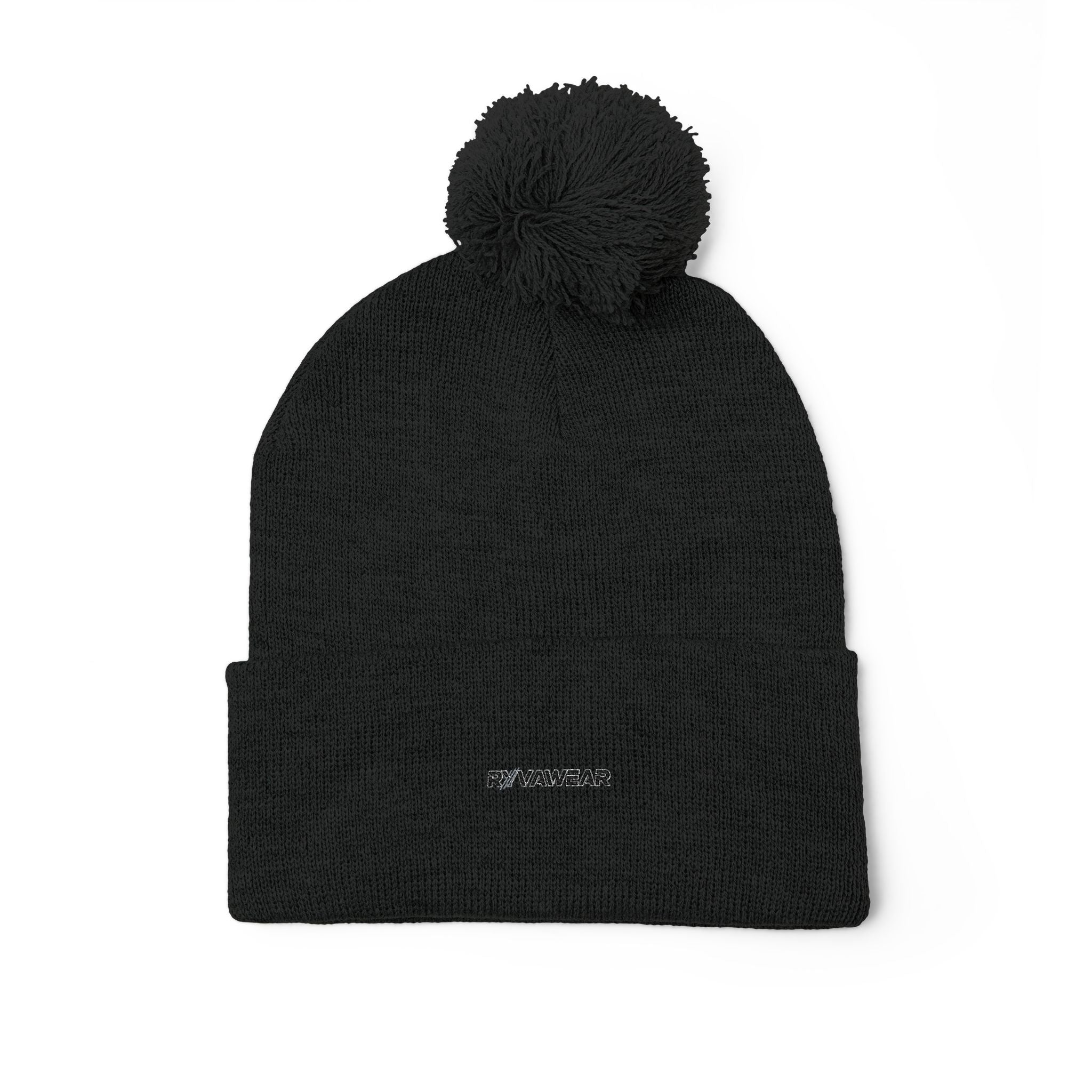 Embroidered Pom-Pom Knit Cap — Cozy Winter Beanie with Fold-Over Cuff