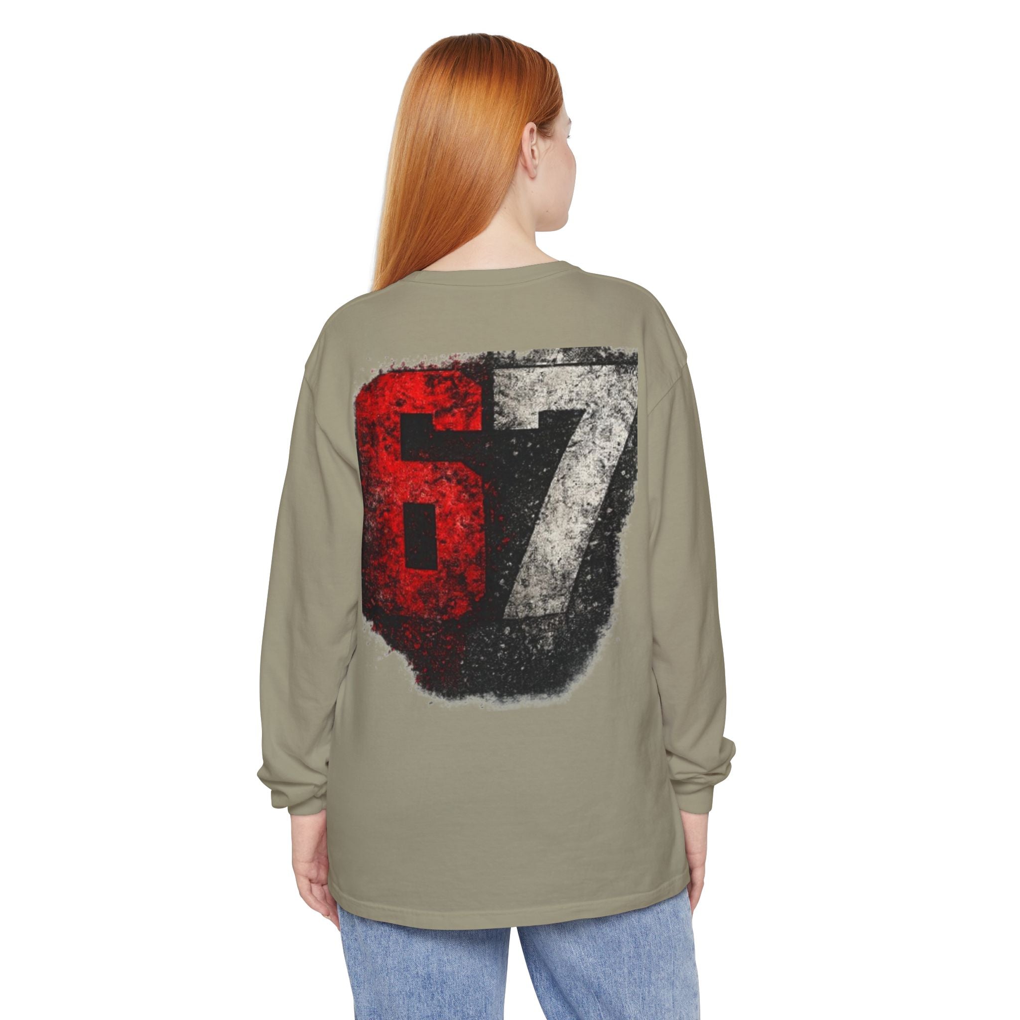 67 Graphic Long Sleeve T-Shirt — Distressed Red & Black Number Backprint