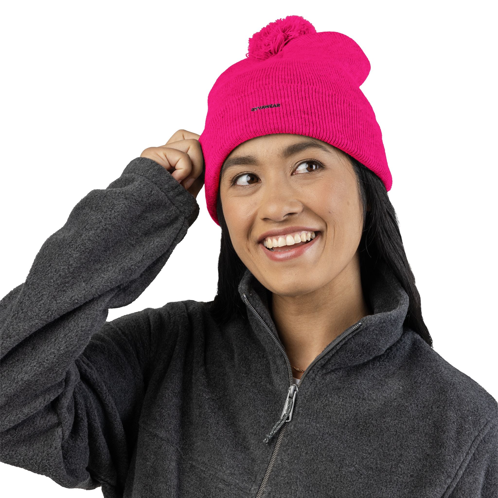 Embroidered Pom-Pom Knit Cap — Cozy Winter Beanie with Fold-Over Cuff