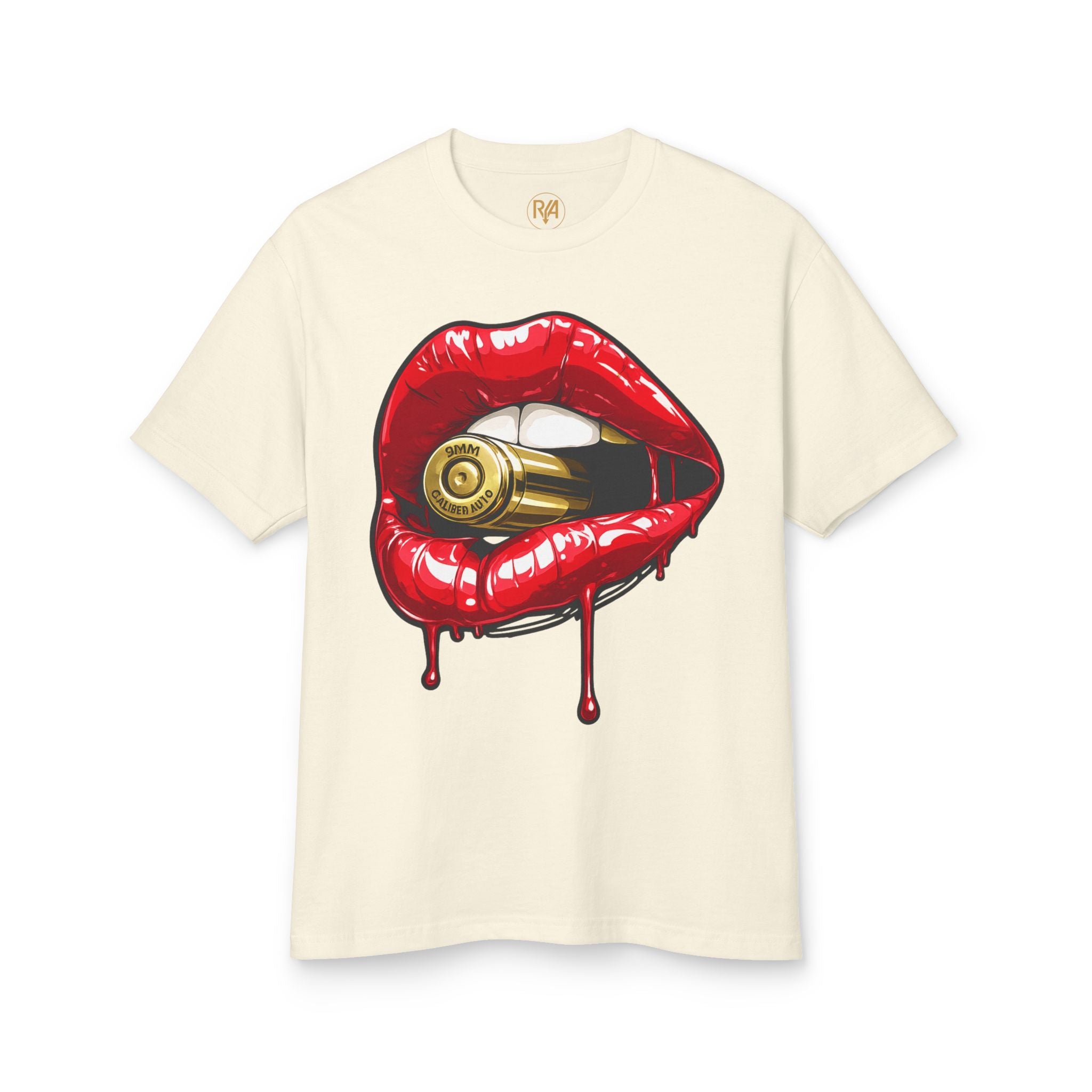 Graphic Tee — Red Dripping Lips Holding Bullet | Edgy Streetwear T-Shirt