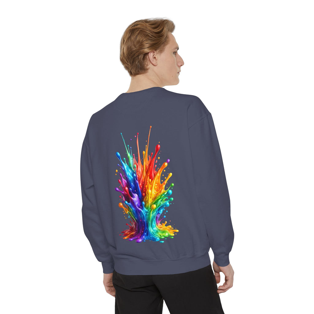 Rainbow Paint Splash Sweatshirt — Colorful Back Graphic Crewneck