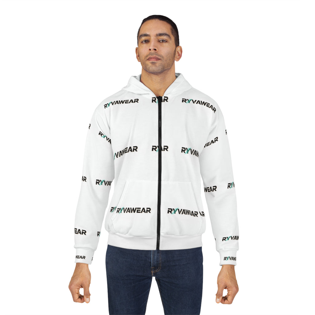 Allover Logo Zip Hoodie — RYVAWEAR Patterned White Streetwear