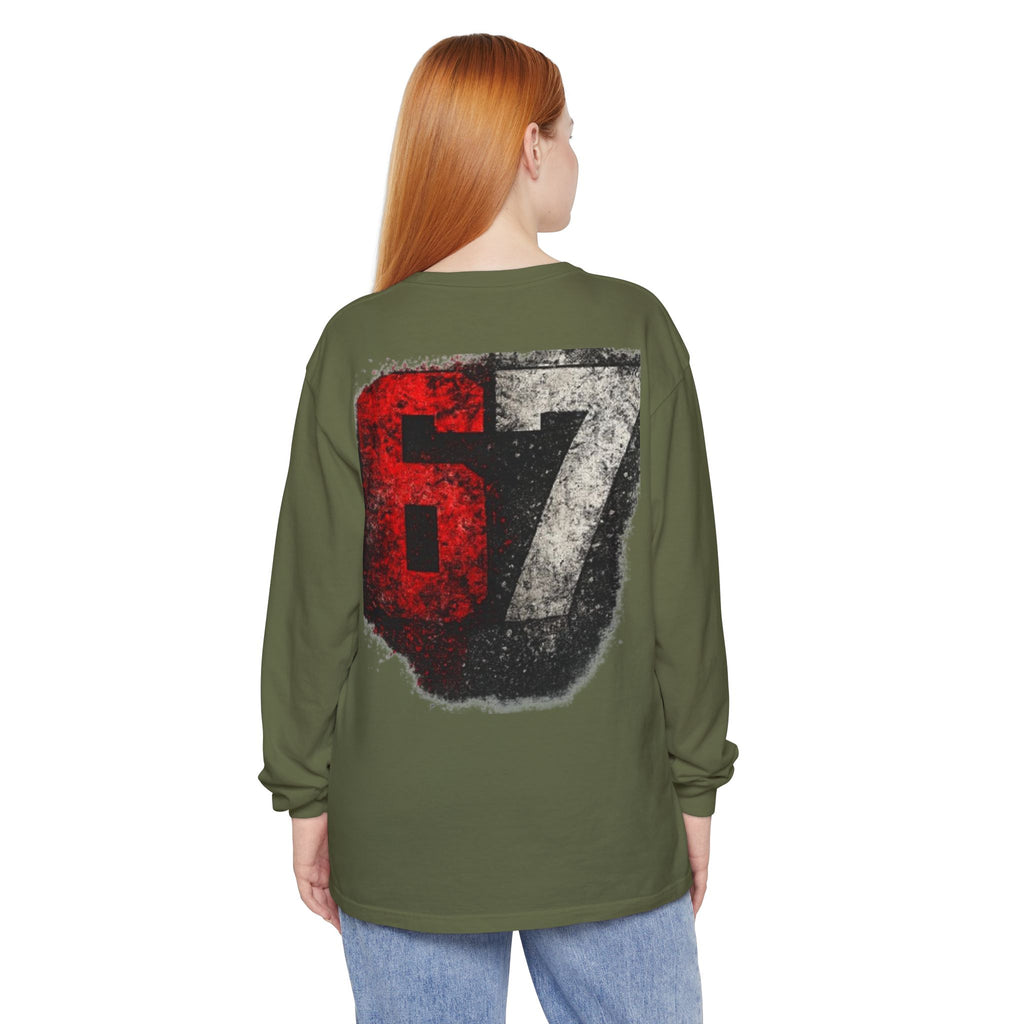 67 Graphic Long Sleeve T-Shirt — Distressed Red & Black Number Backprint
