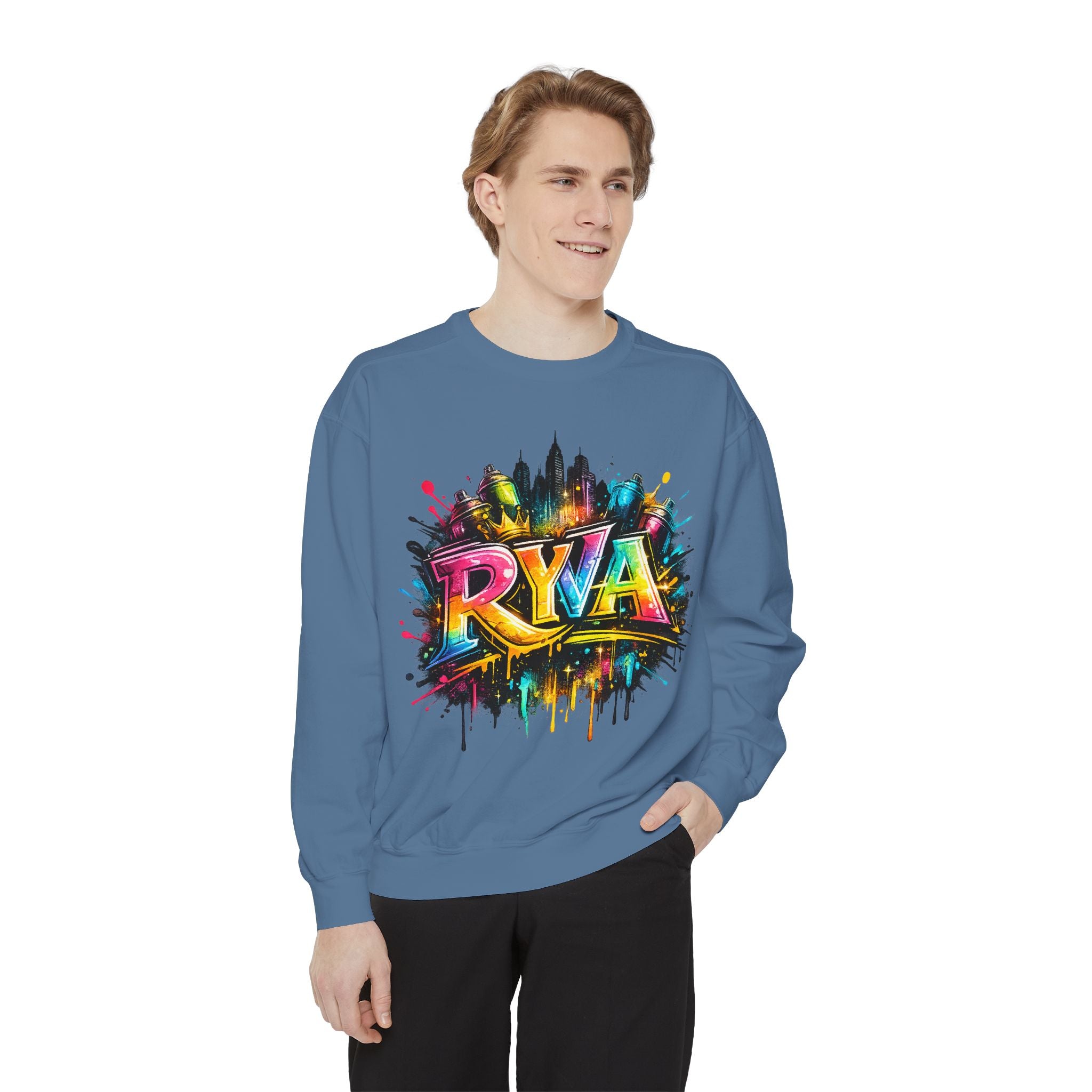 Graffiti Skyline Sweatshirt — Colorful "RYA" Urban Streetwear Crewneck