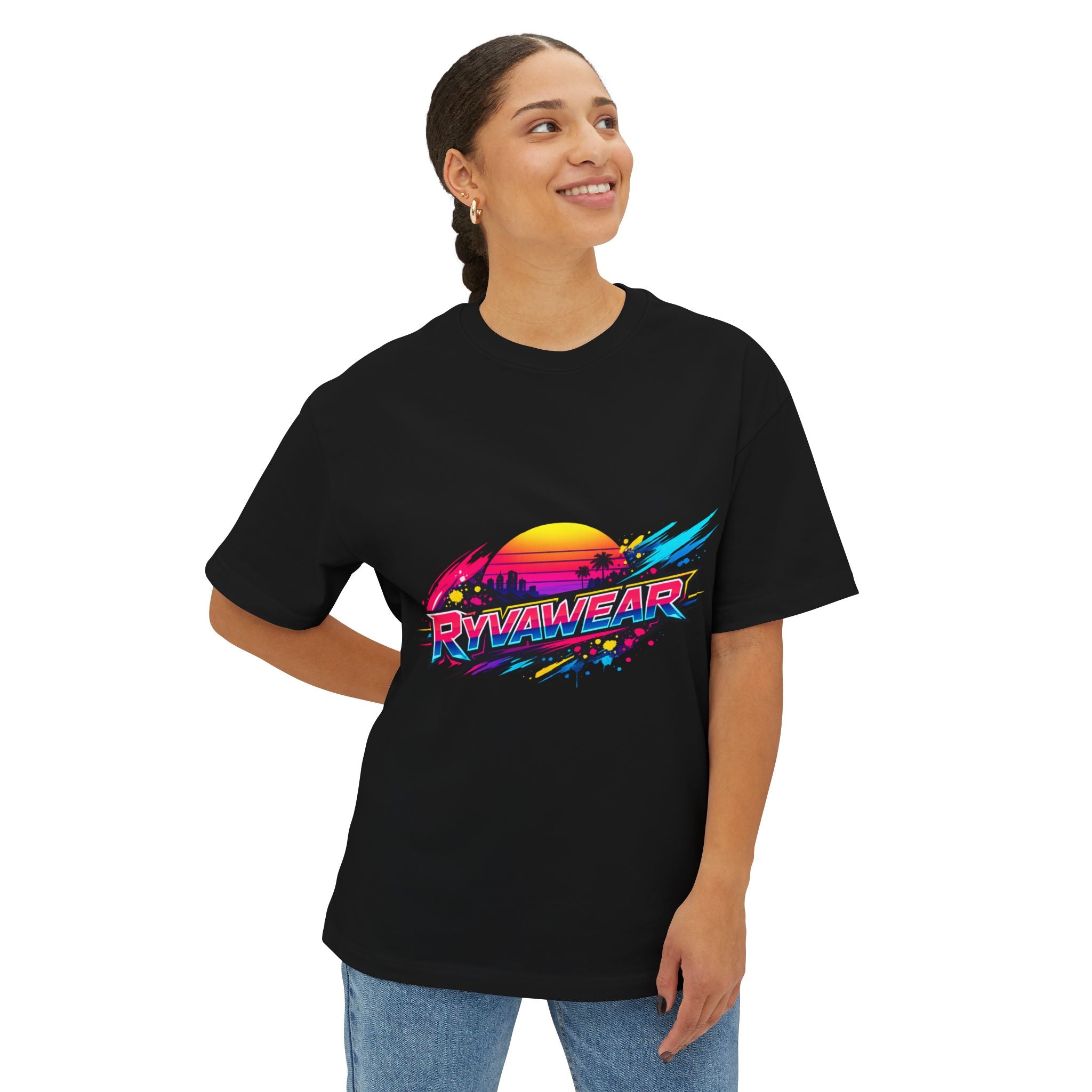 Retro Sunset Graphic Tee — "RVVAWEAR" 80s Vaporwave Style Boxy T-Shirt