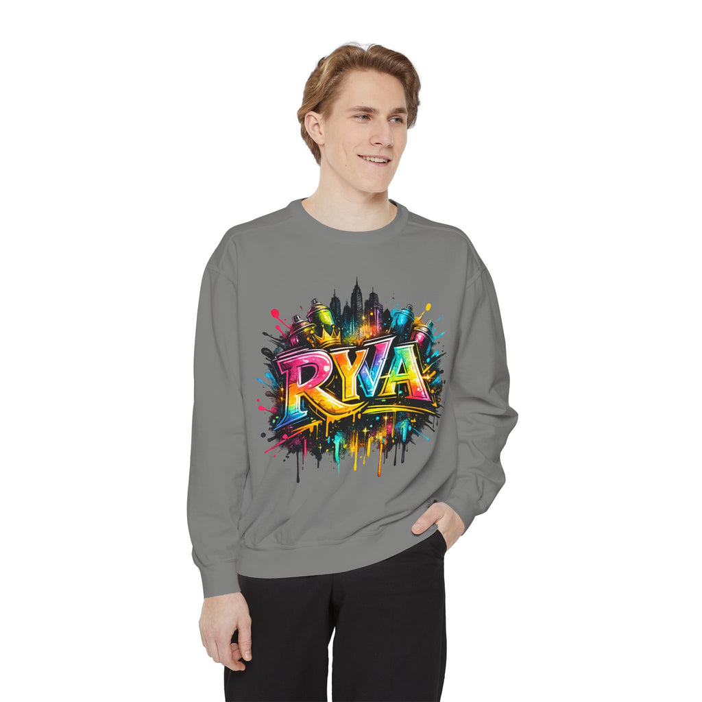 Graffiti Skyline Sweatshirt — Colorful "RYA" Urban Streetwear Crewneck