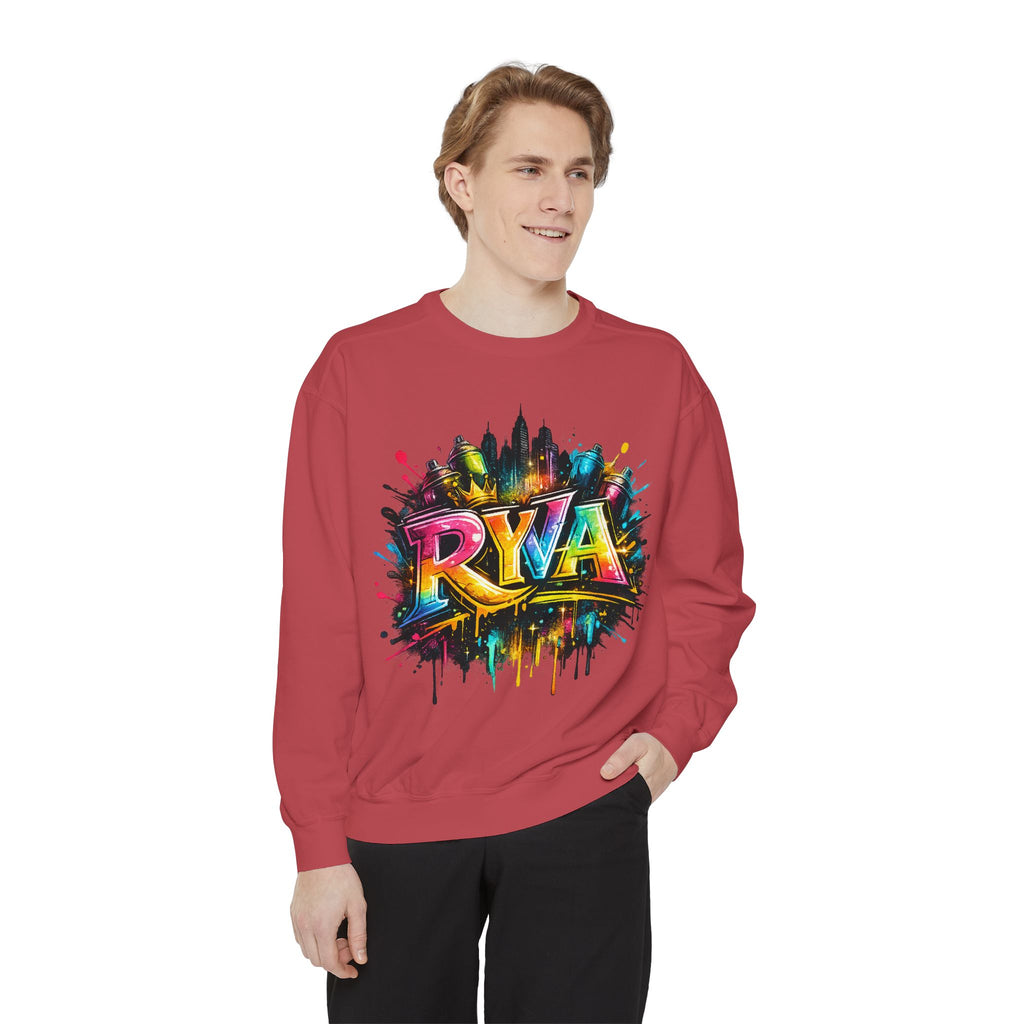 Graffiti Skyline Sweatshirt — Colorful "RYA" Urban Streetwear Crewneck