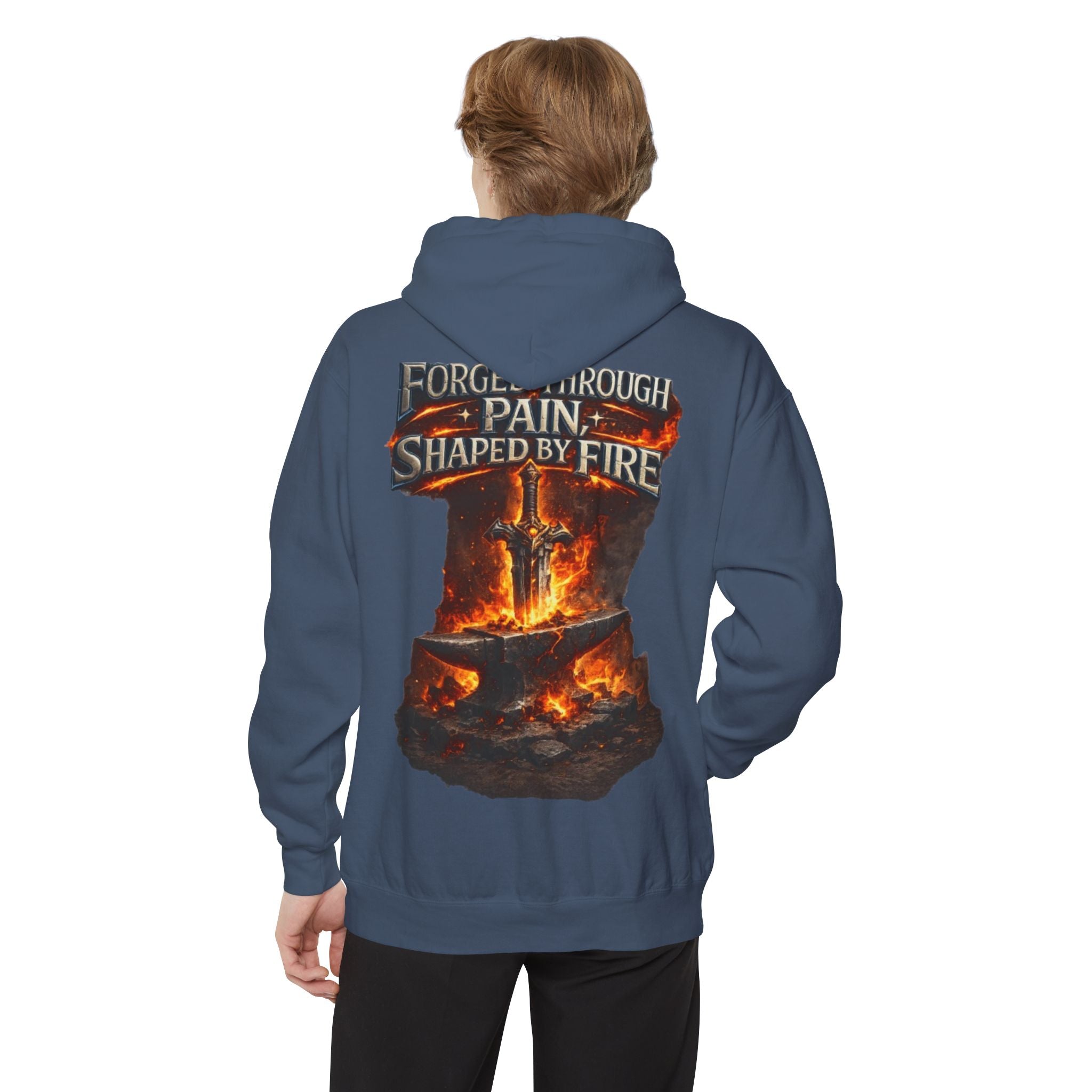 Hoodie — "Forged Through Pain, Shaped by Fire" Graphic Faded-Dye Hoodie