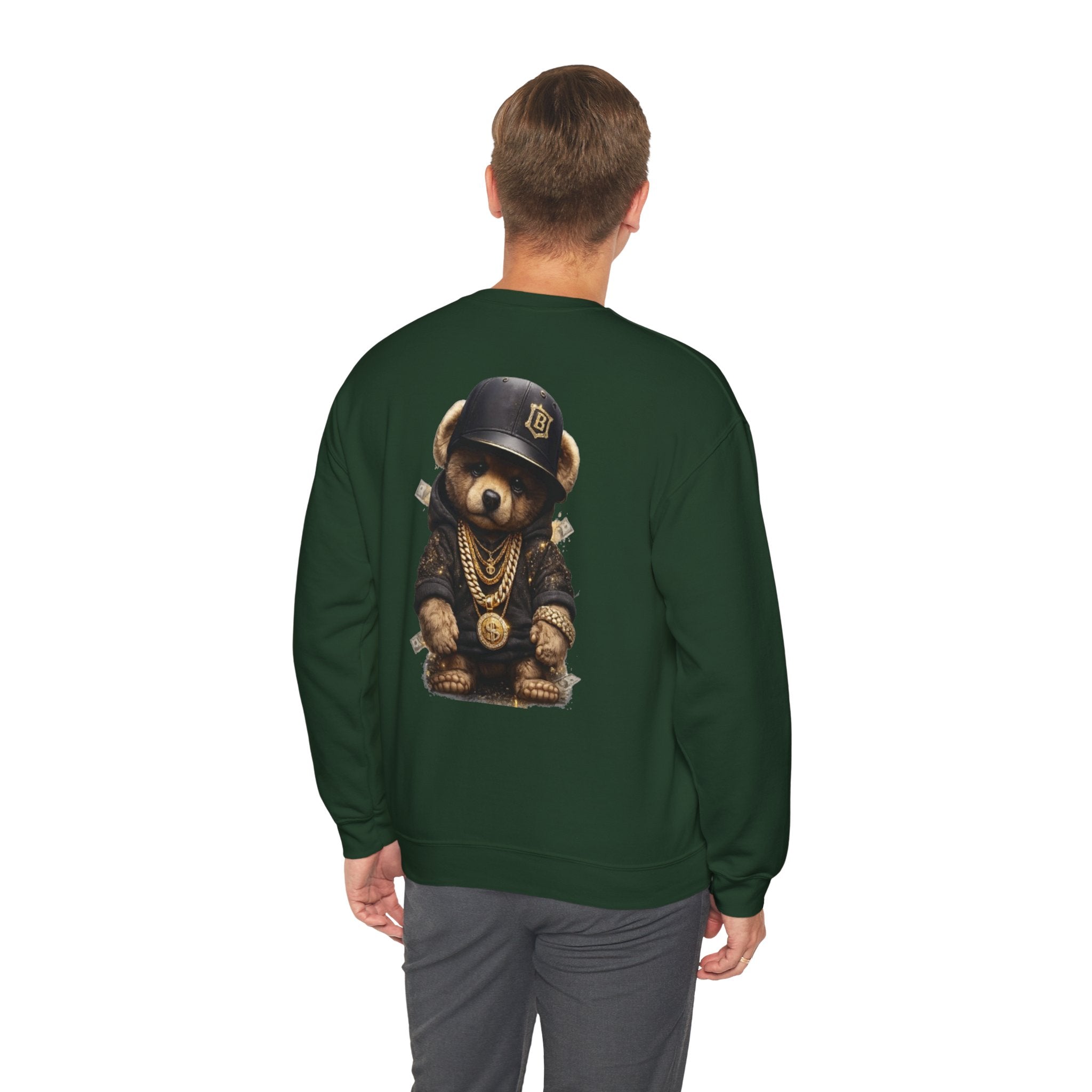 Crewneck Sweatshirt — Teddy Bear Streetwear Graphic (Gold Chains & Cap)