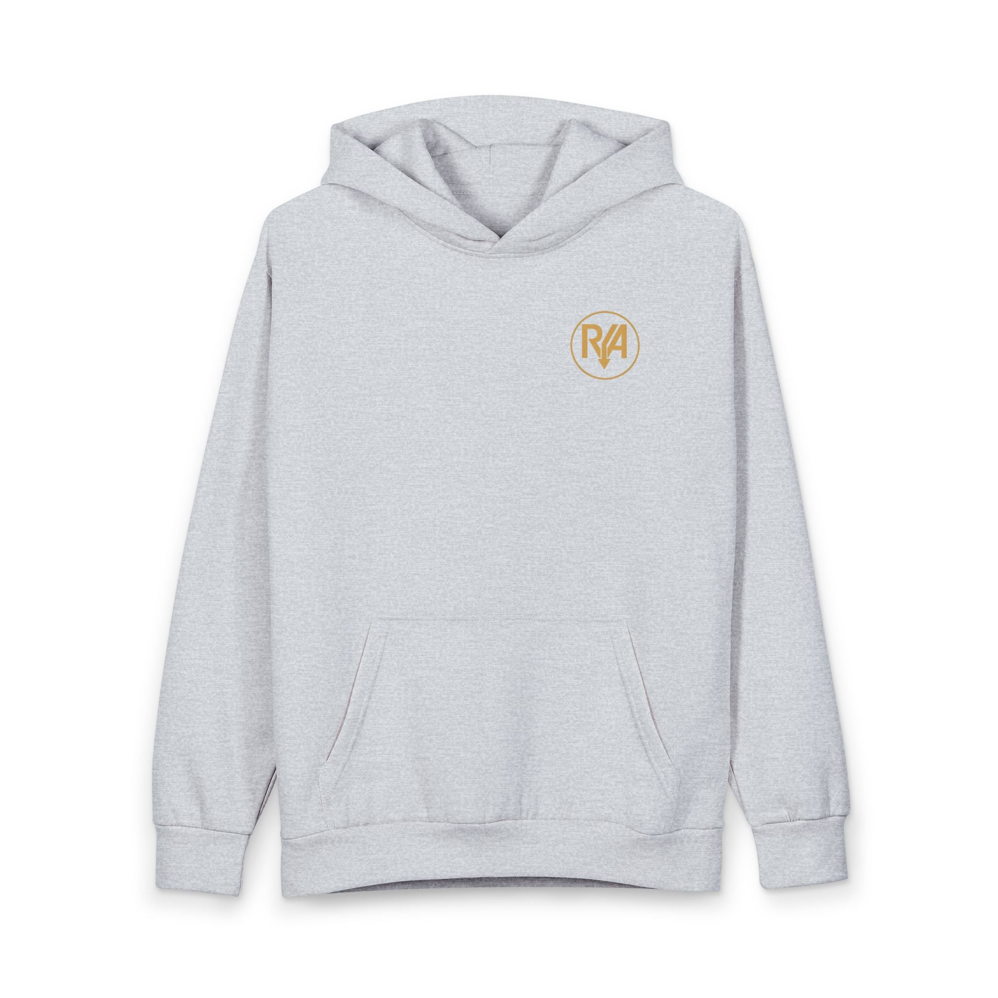 RA Minimalist Logo Hoodie — White Pullover with Gold Crest