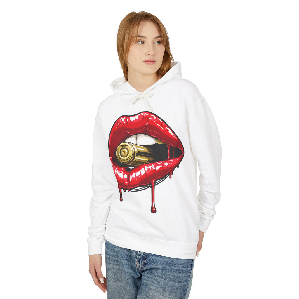 Graphic Hoodie — Red Dripping Lips Holding Bullet Print