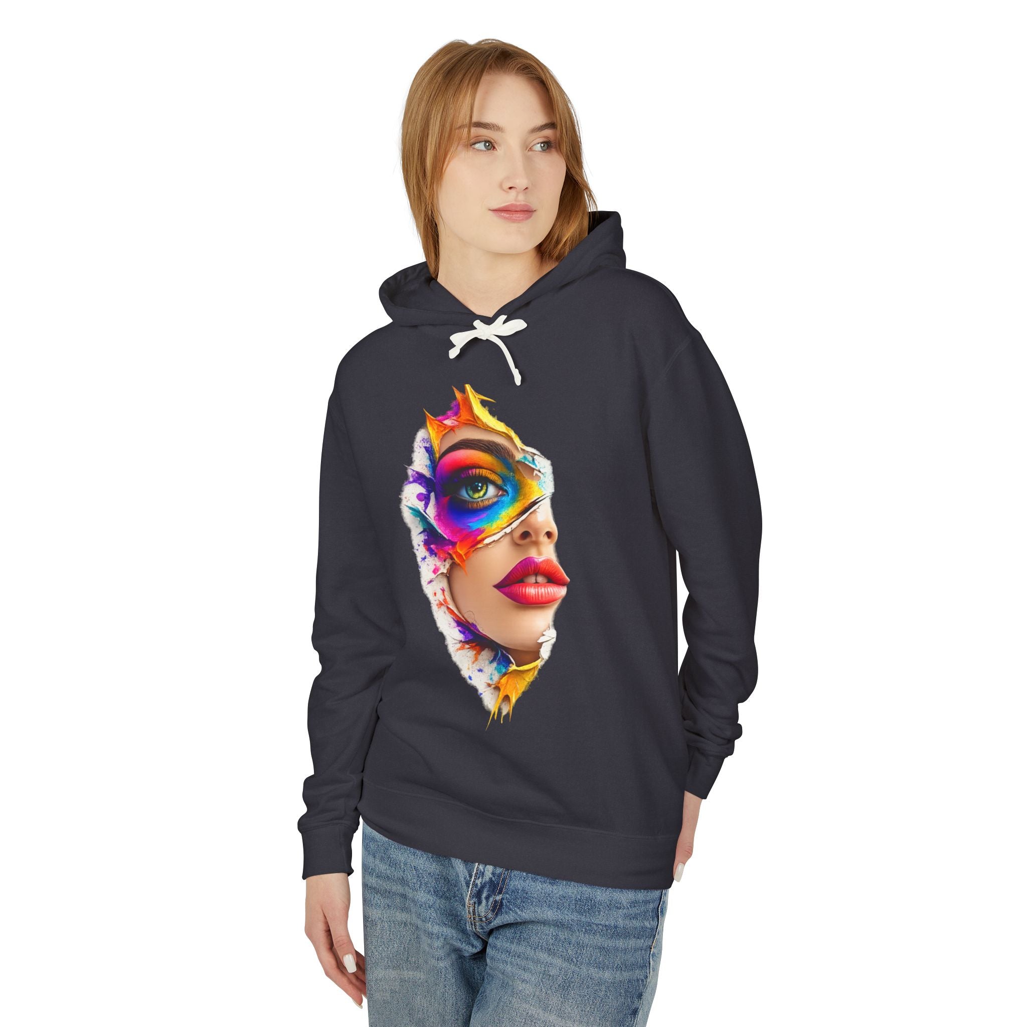 Colorful Masked Woman Art Hoodie — Vibrant Abstract Face Print