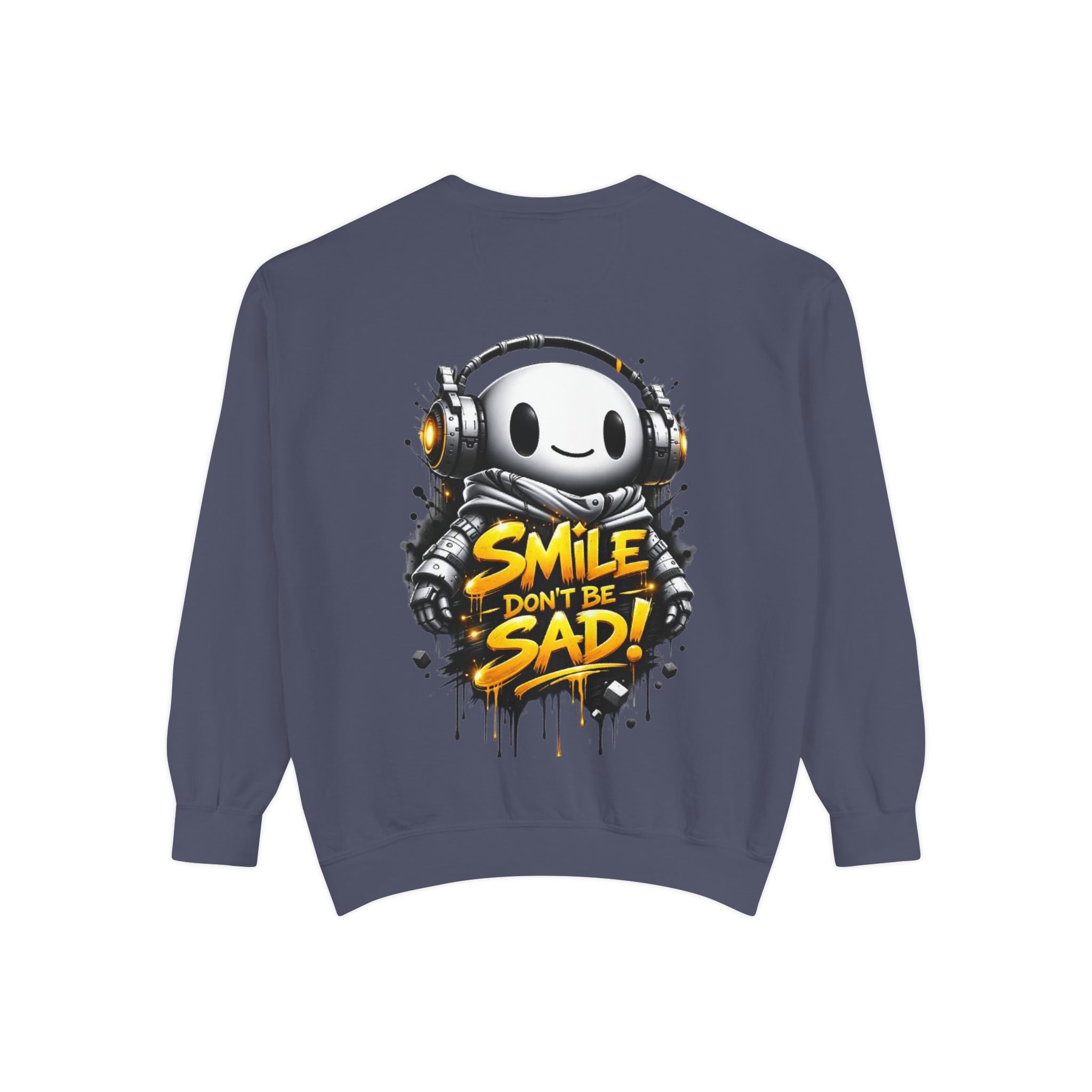 Smile Don't Be Sad Sweatshirt — Cute Headphone Character Graphic Crewneck