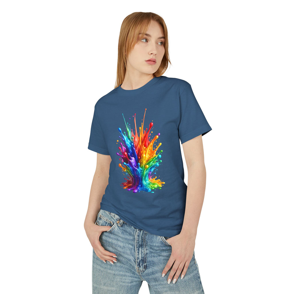 Rainbow Paint Splash T-Shirt — Vibrant Abstract Art Tee