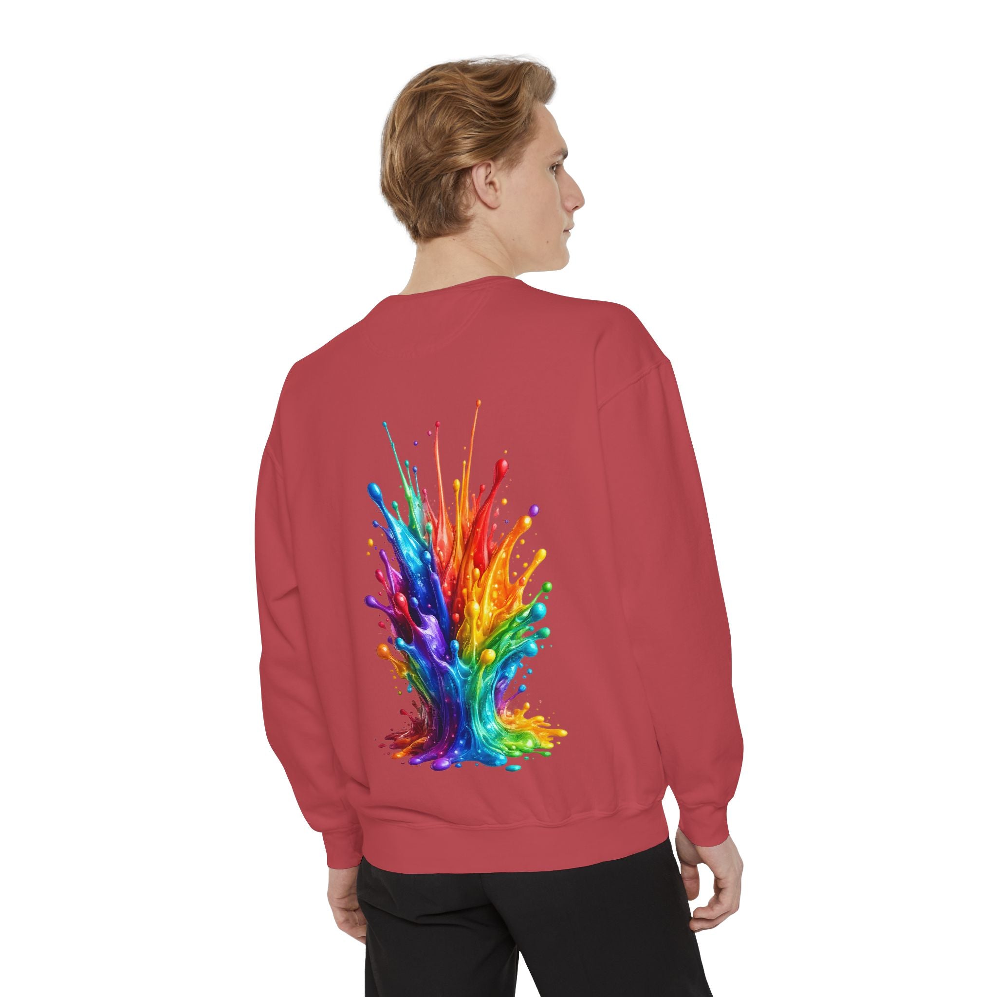Rainbow Paint Splash Sweatshirt — Colorful Back Graphic Crewneck