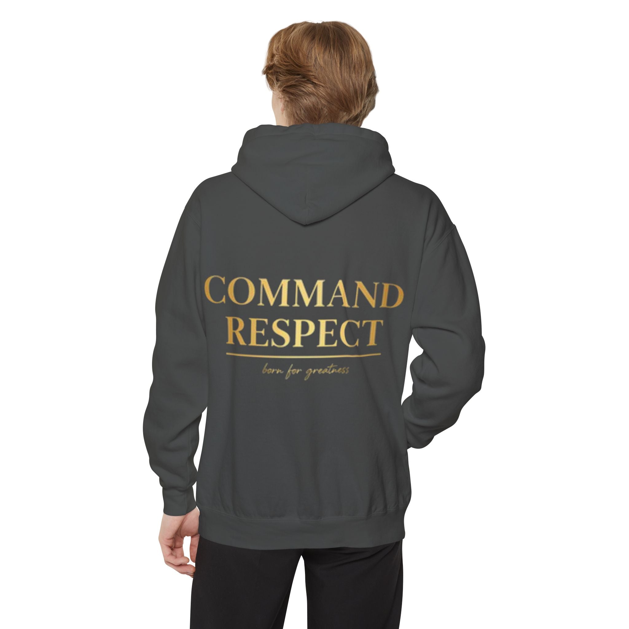 Command Respect Hoodie — Minimal Gold Logo Garment-Dyed Pullover