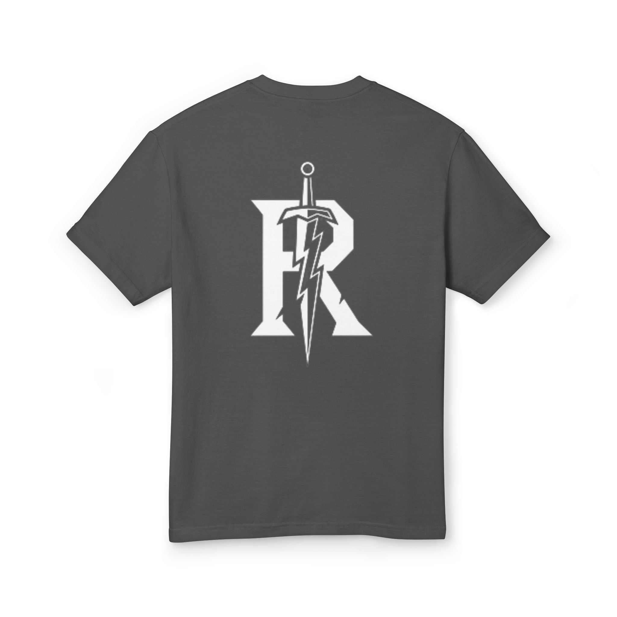 Graphic Tee — Retro Sword 'R' Logo Chest & Back Print