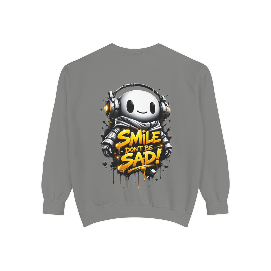 Smile Don't Be Sad Sweatshirt — Cute Headphone Character Graphic Crewneck