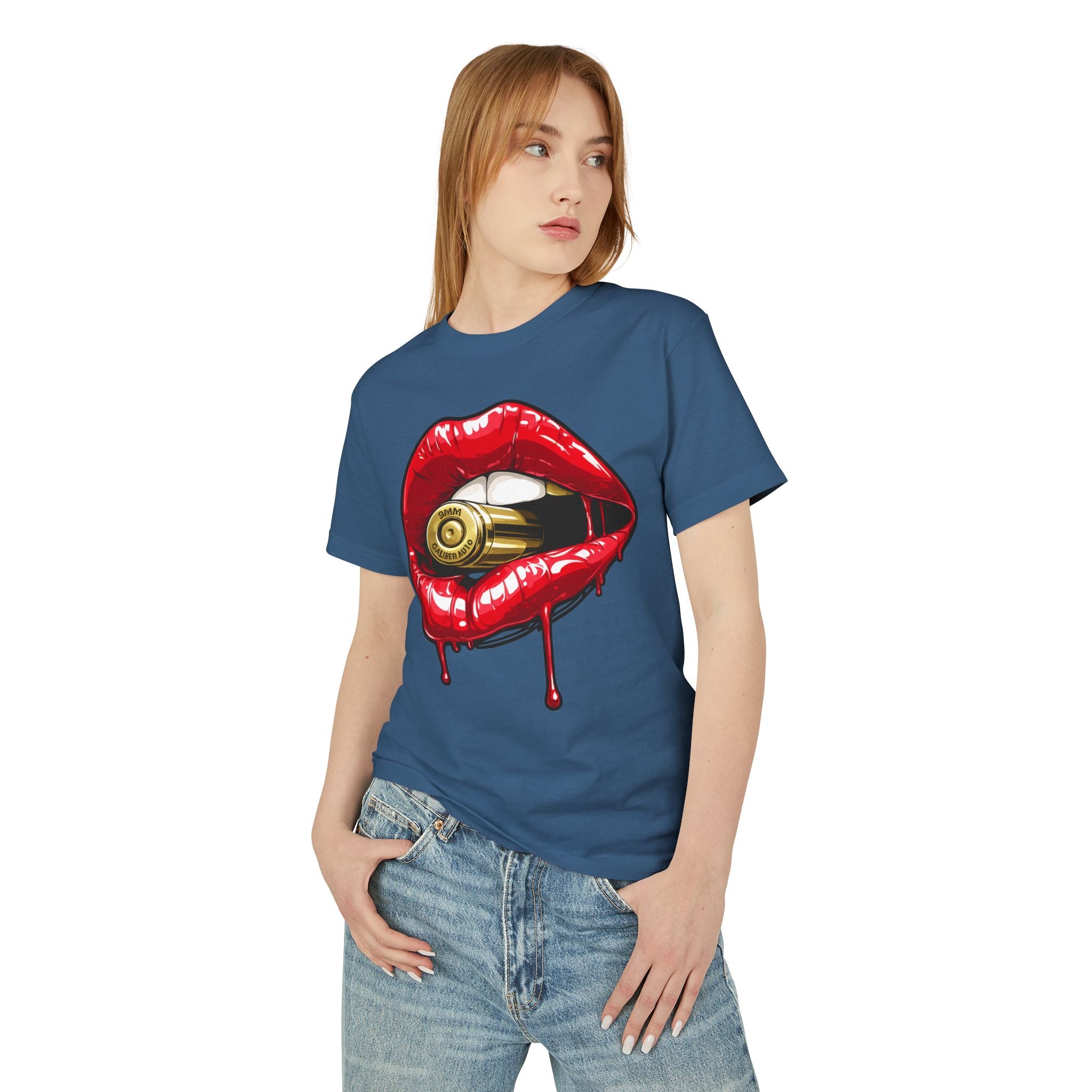 Graphic Tee — Red Dripping Lips Holding Bullet | Edgy Streetwear T-Shirt