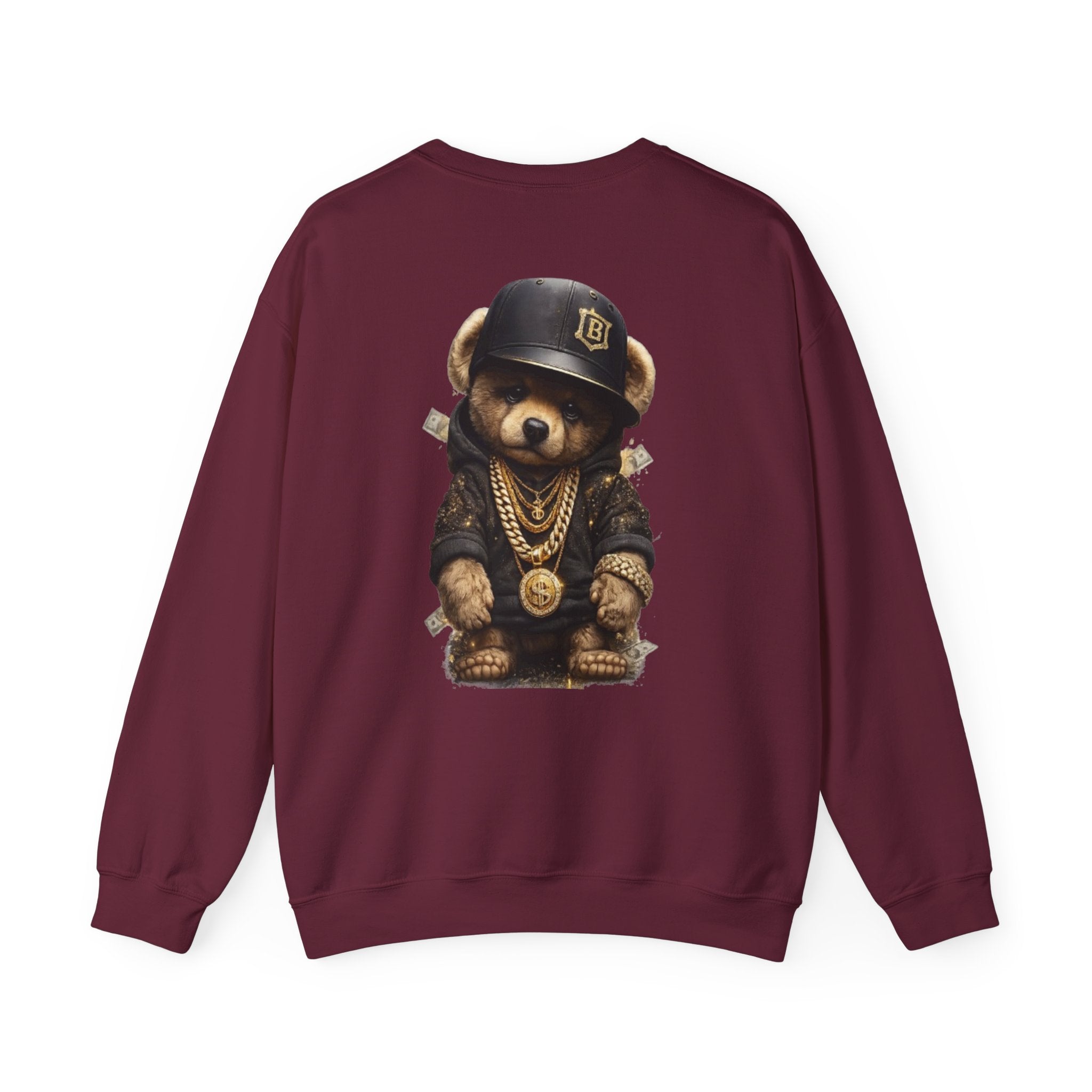 Crewneck Sweatshirt — Teddy Bear Streetwear Graphic (Gold Chains & Cap)