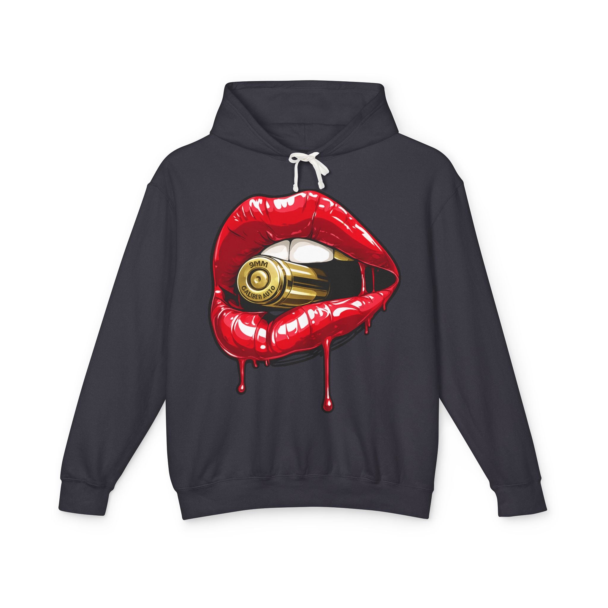 Graphic Hoodie — Red Dripping Lips Holding Bullet Print