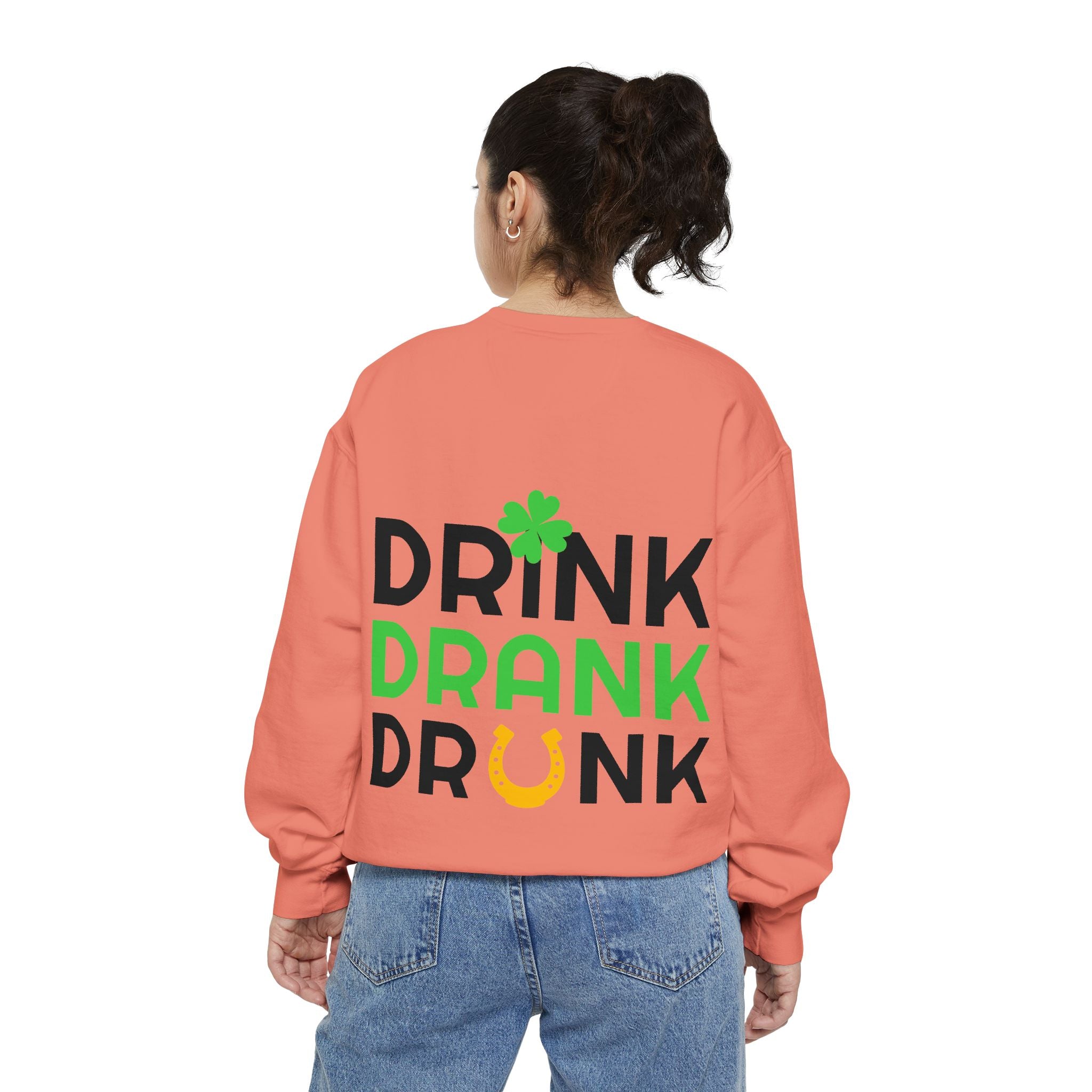 Drink Drank Drunk Sweatshirt — St. Patrick’s Day Shamrock & Horseshoe Crewneck