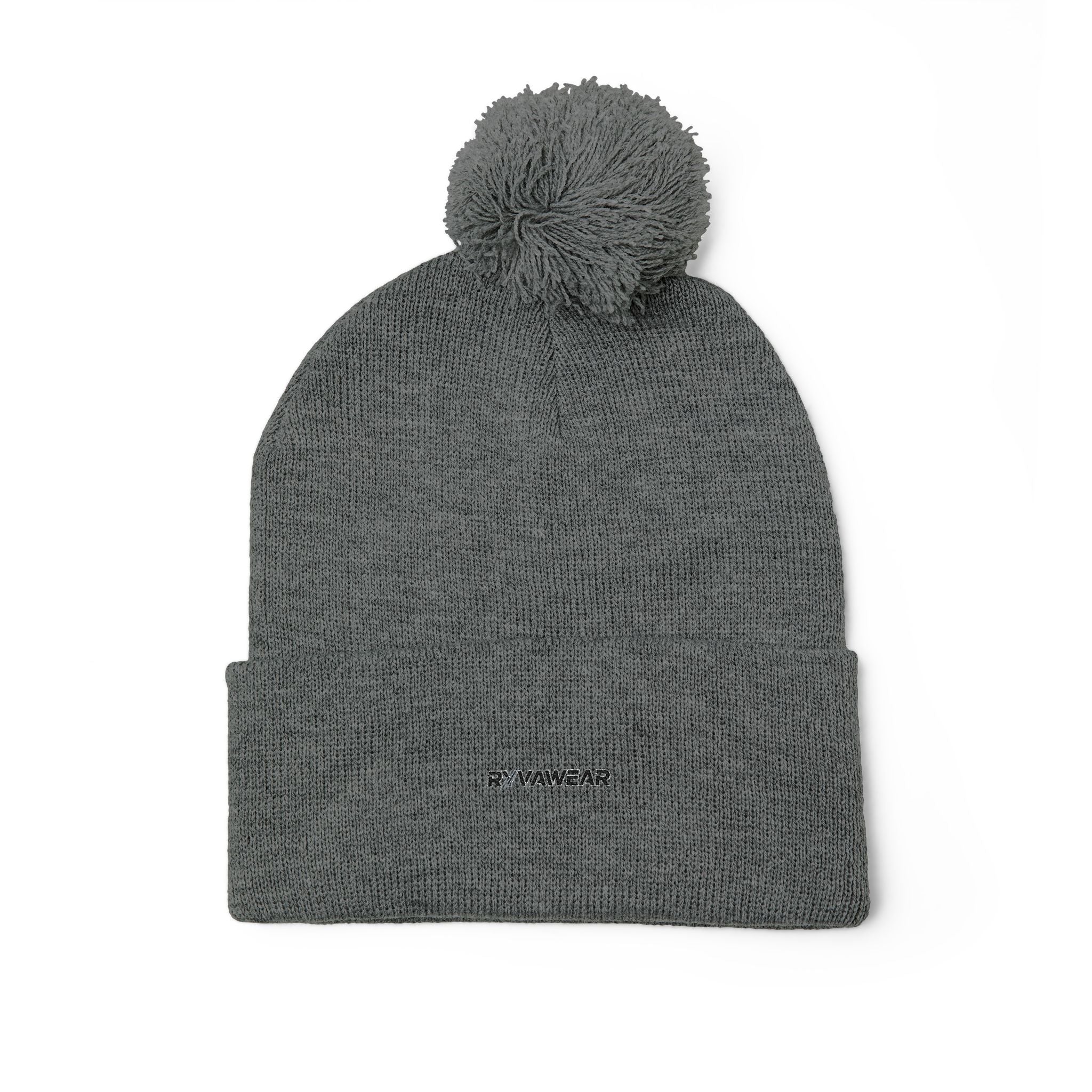 Embroidered Pom-Pom Knit Cap — Cozy Winter Beanie with Fold-Over Cuff