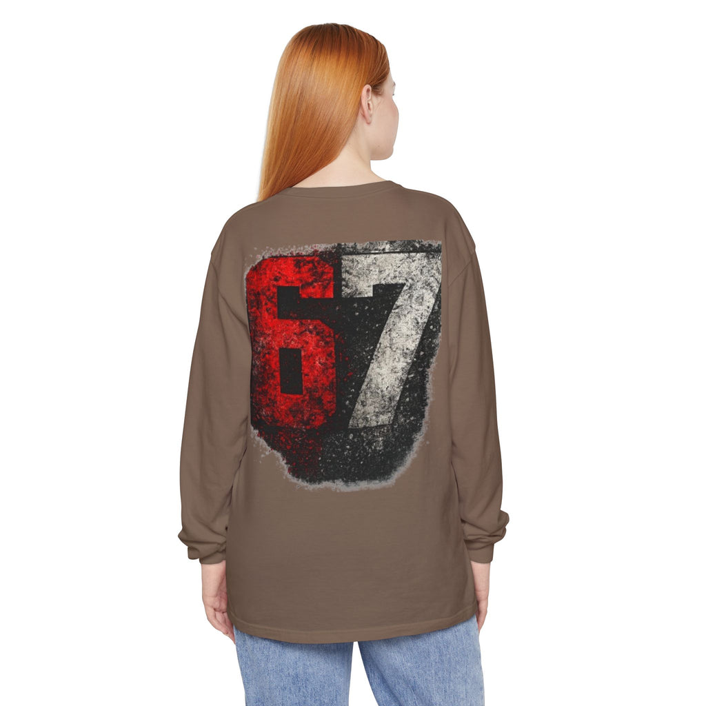 67 Graphic Long Sleeve T-Shirt — Distressed Red & Black Number Backprint