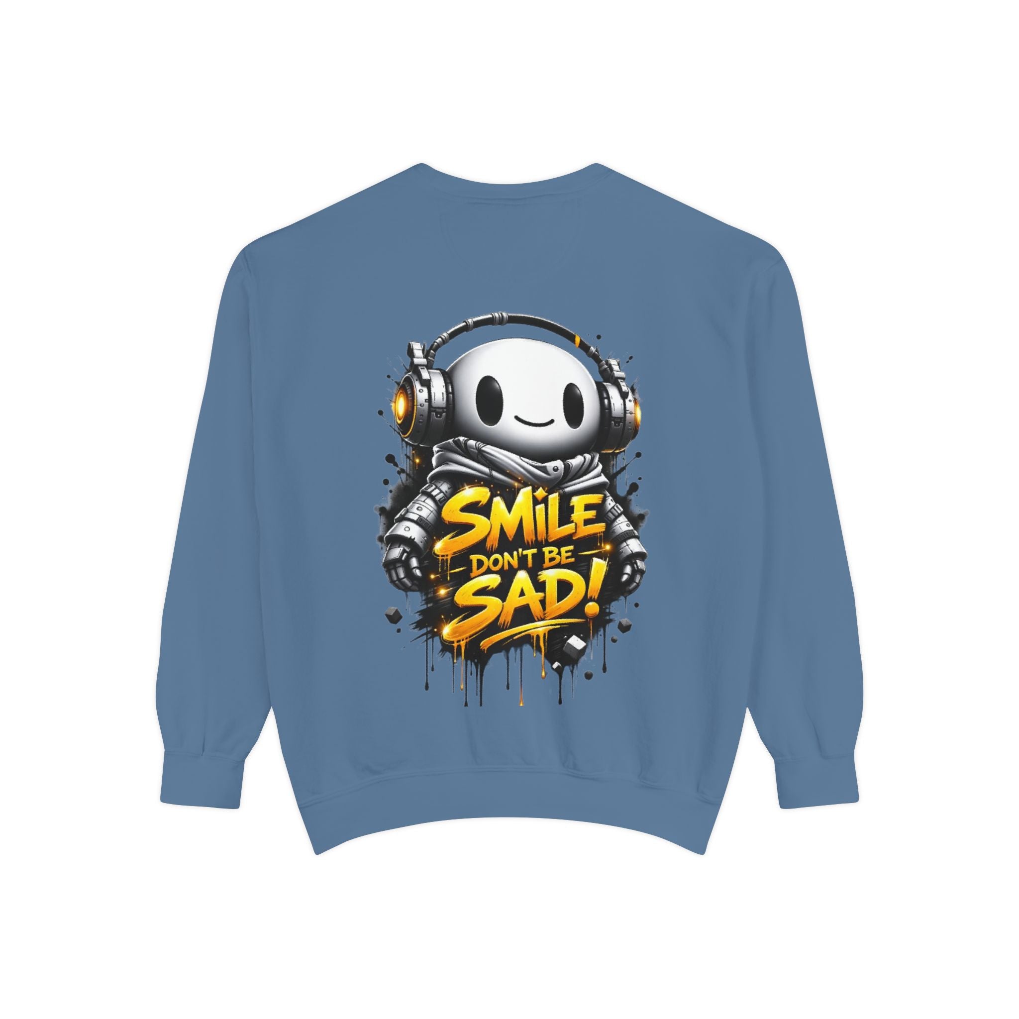 Smile Don't Be Sad Sweatshirt — Cute Headphone Character Graphic Crewneck