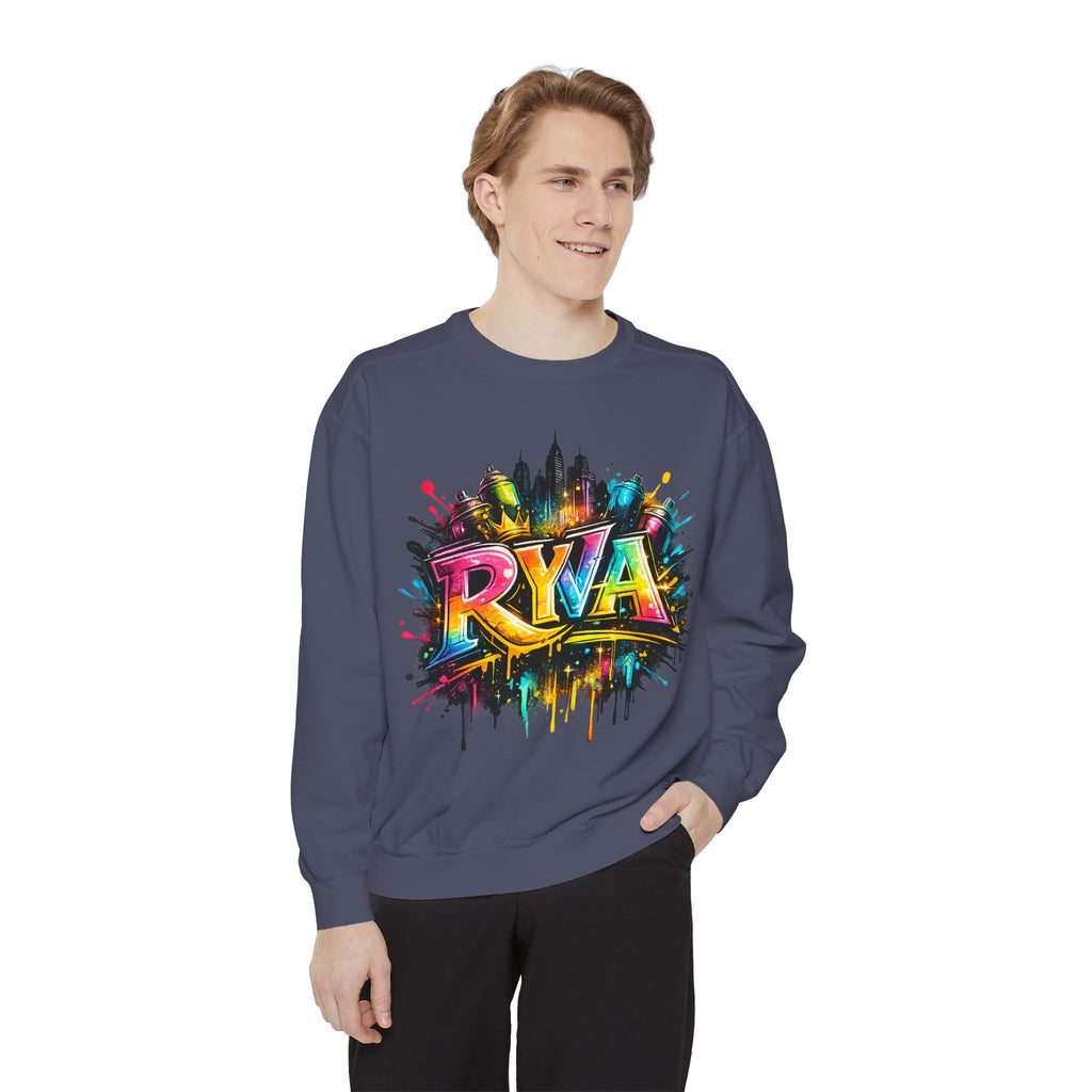 Graffiti Skyline Sweatshirt — Colorful "RYA" Urban Streetwear Crewneck