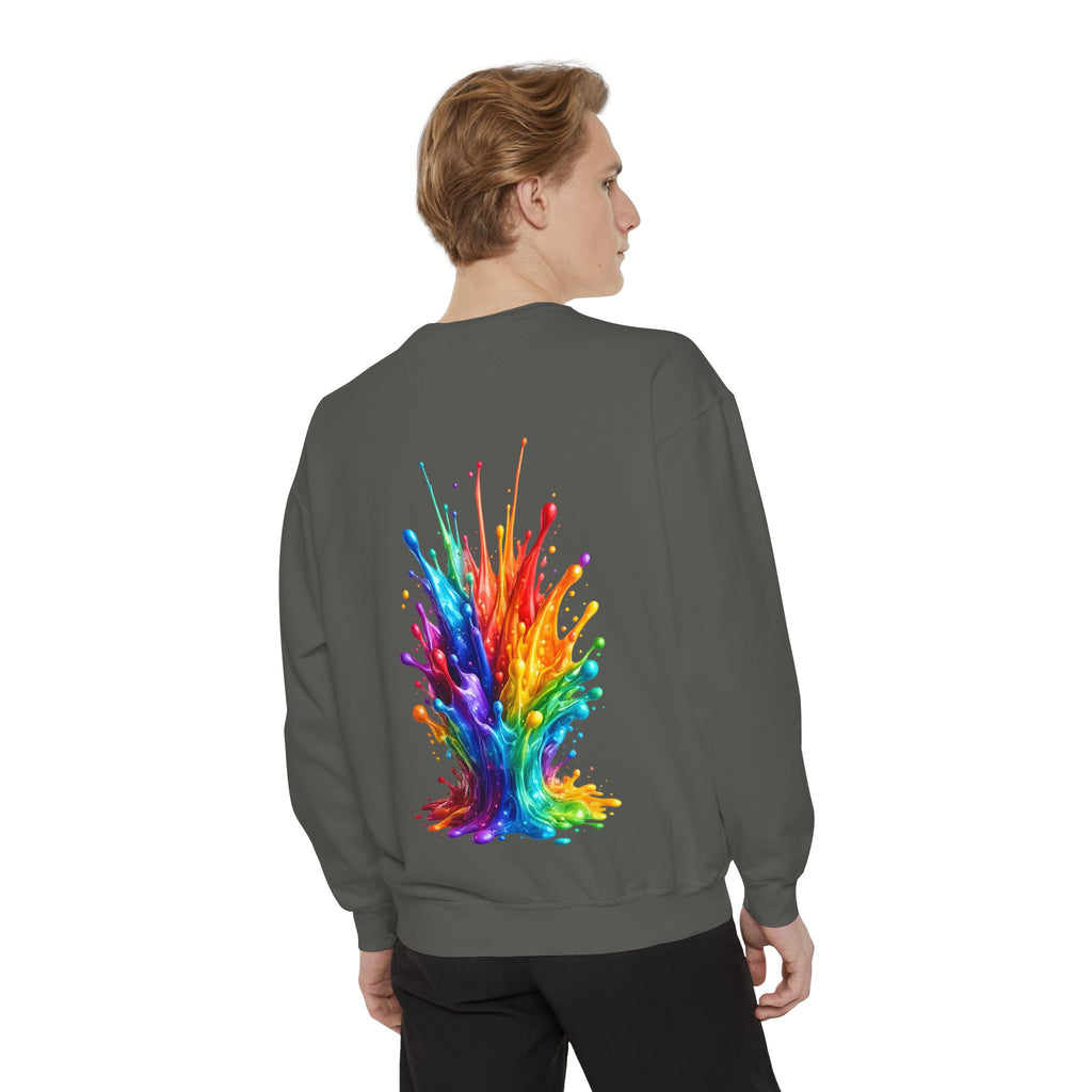 Rainbow Paint Splash Sweatshirt — Colorful Back Graphic Crewneck