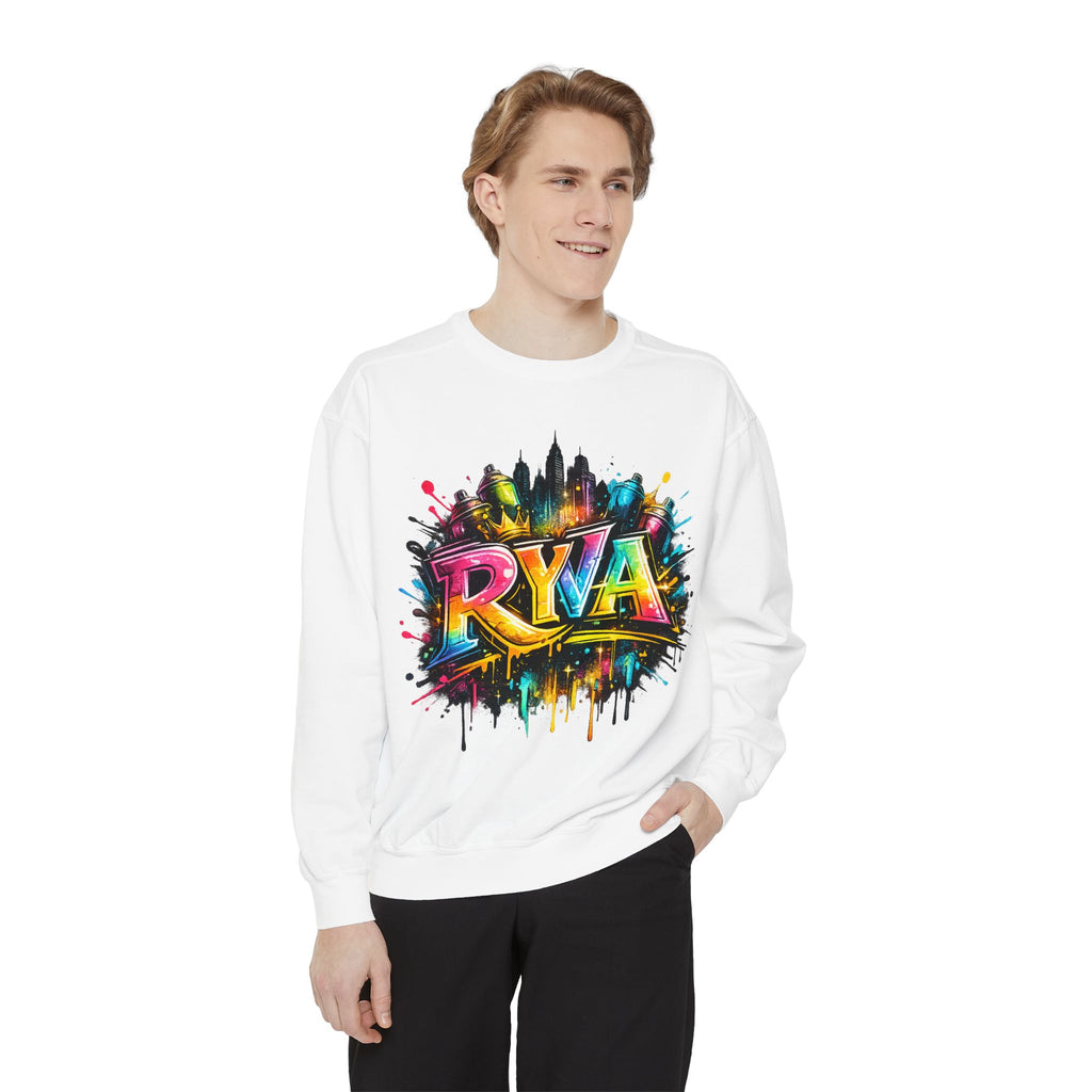 Graffiti Skyline Sweatshirt — Colorful "RYA" Urban Streetwear Crewneck