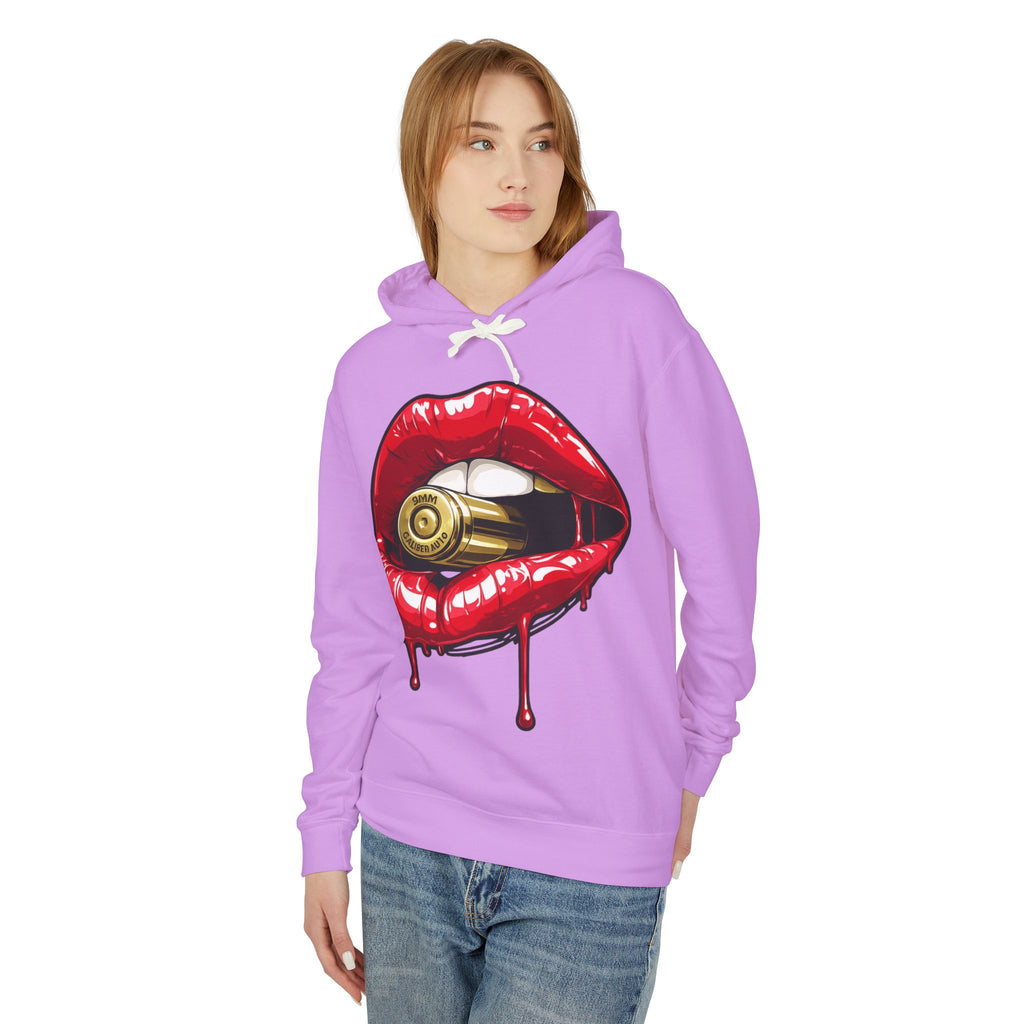 Graphic Hoodie — Red Dripping Lips Holding Bullet Print