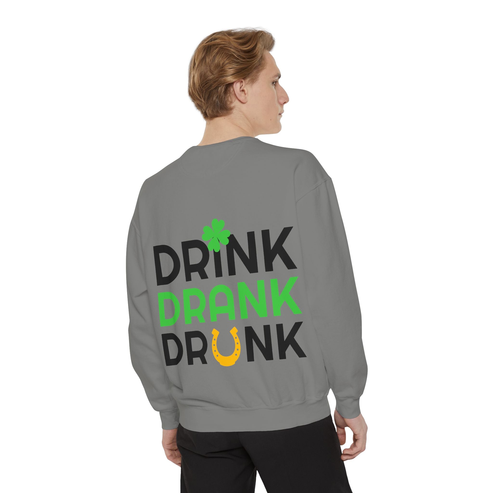 Drink Drank Drunk Sweatshirt — St. Patrick’s Day Shamrock & Horseshoe Crewneck
